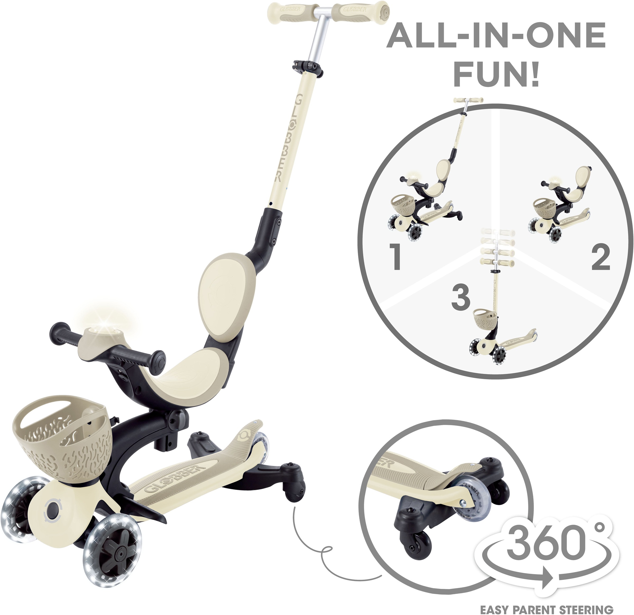 Globber Tretroller »GO-UP BABY 360 LIGHTS, mit Leuchtrollen und Leuchtmodul« Aufsitzrad, Laufrad und Scooter in Einem