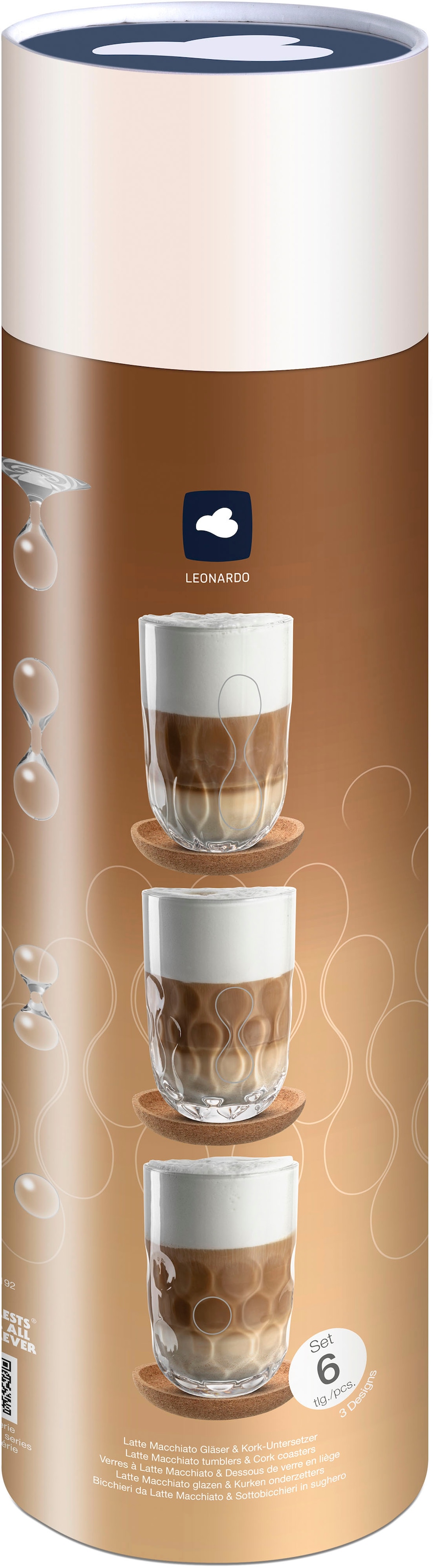LEONARDO Gläser-Set »Latte Macchiato-Set GOCCE, 380 ml, 6-teilig« 3 Gläser mit unterschiedlichem Tropfenrelief, inkl. Kork-Untersetzer