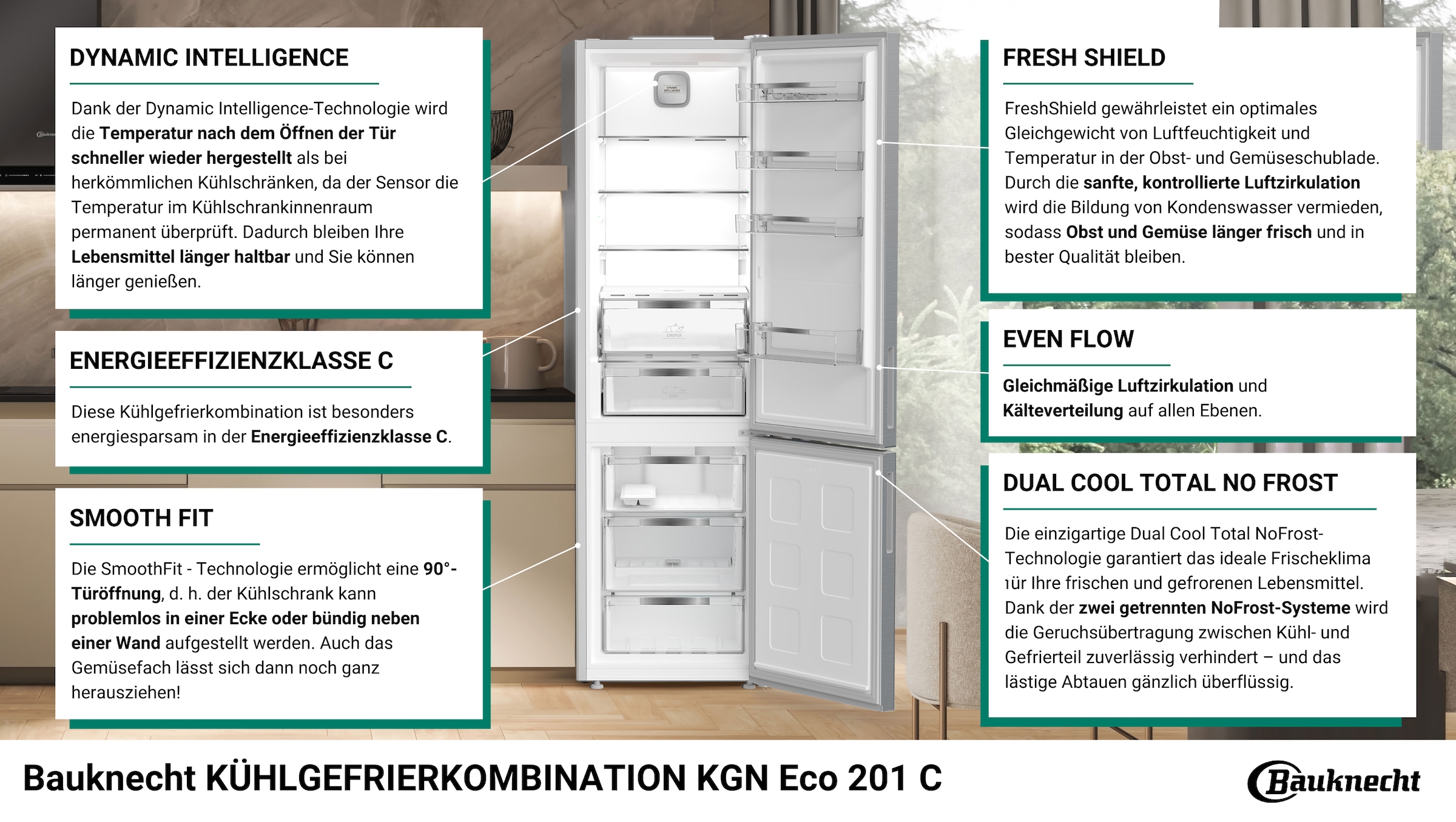 BAUKNECHT Kühl-/Gefrierkombination »KGN Eco 201 C«, Dual Cool Total NoFrost, außenliegendes Touch Display, LED Beleuchtung