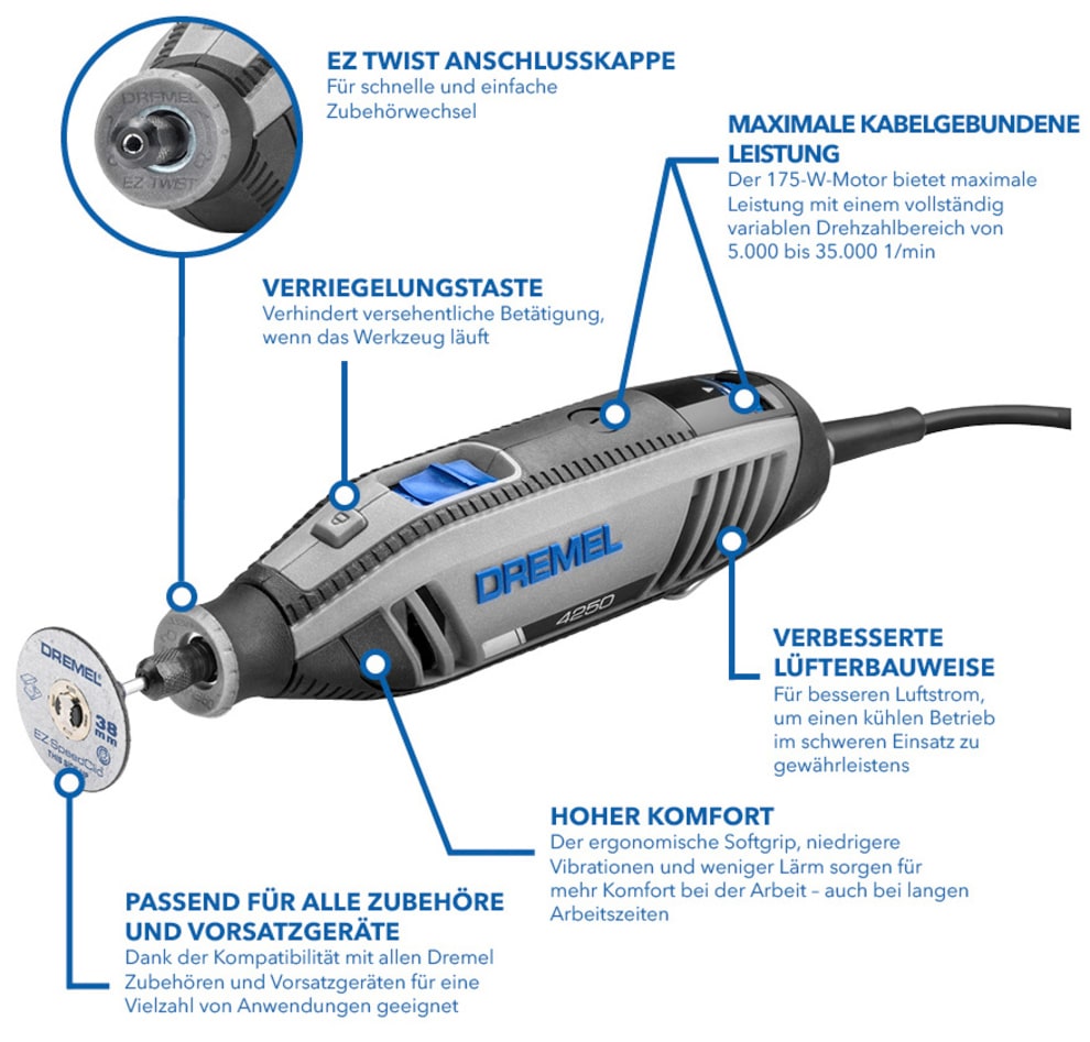 DREMEL Elektro-Multifunktionswerkzeug »DREMEL® 4250 (4250-3/45)«, 3x Vorsatzgeräte, 45x Zubehör