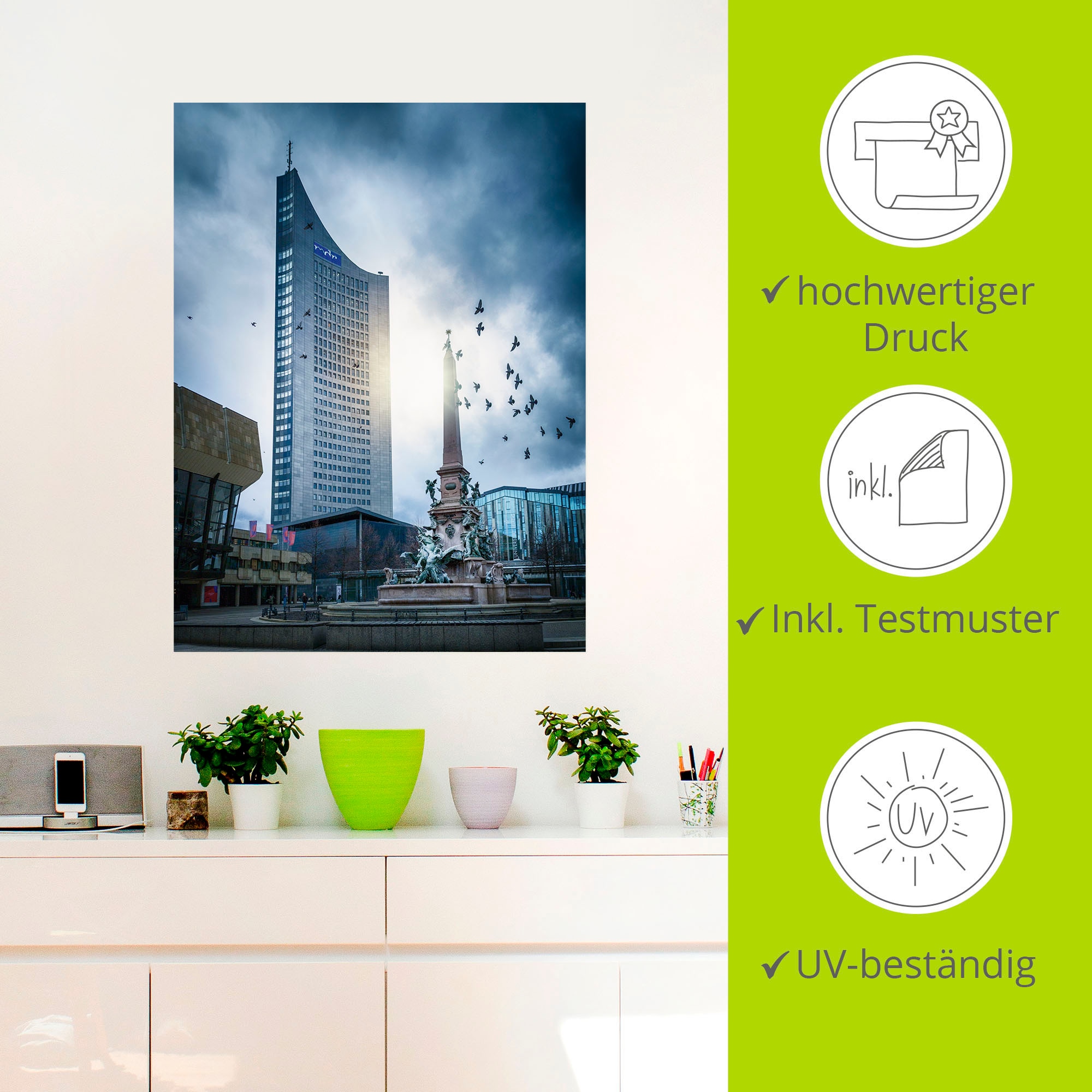 Artland Wandbild »Hochhaus Leipzig Sonnenschein und Wolken«, Gebäude, (1 St.), als Alubild, Leinwandbild, Wandaufkleber oder Poster in versch. Größen