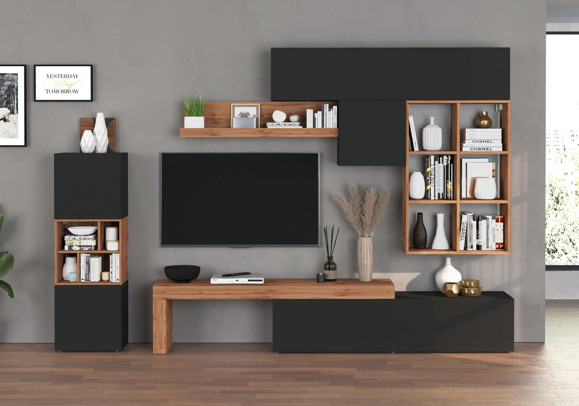 INOSIGN Wohnwand »Chronos Wohnwand, Medienwand, 8-er set«, (Set, 8 St.), ca. 320 cm mit Hängeschränke, Würfel, Regal, Lowboard, Made in Italy