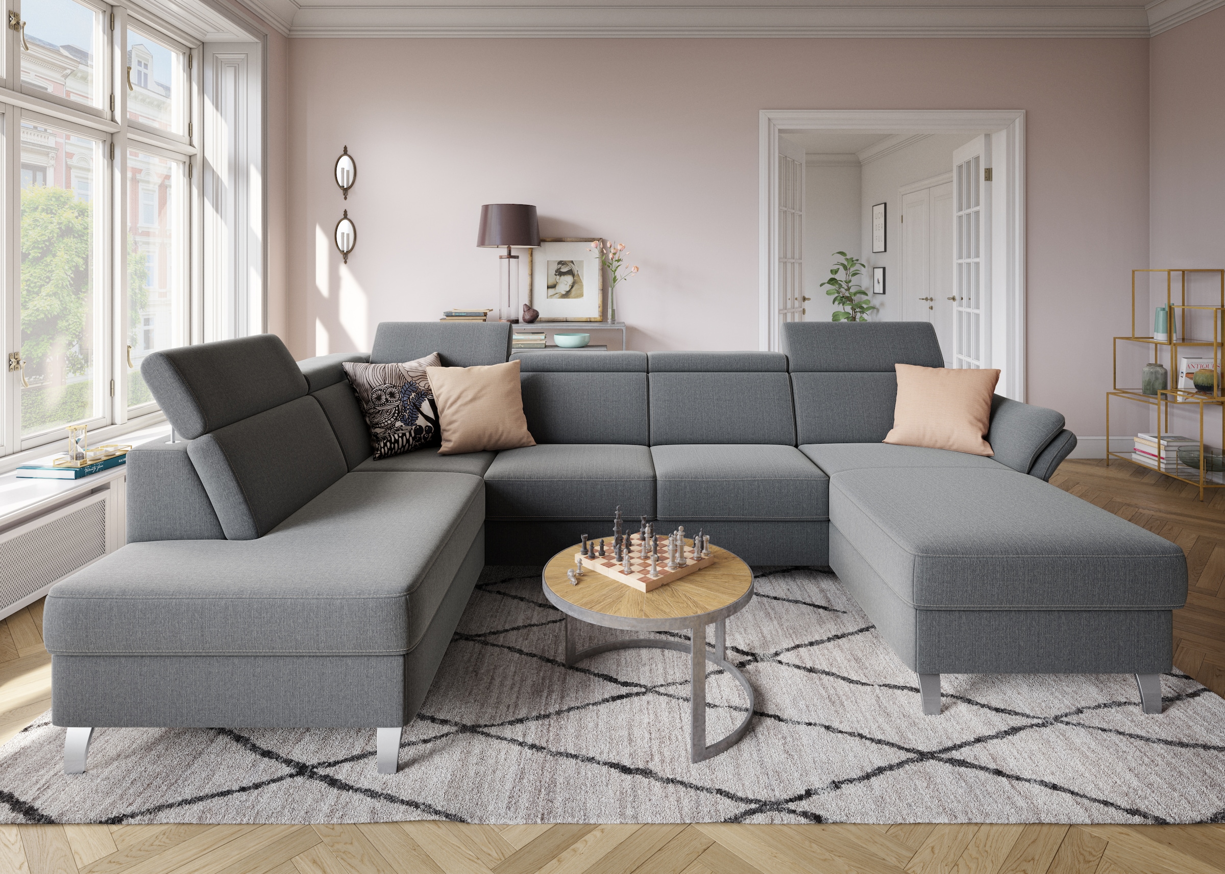 sit&more Wohnlandschaft »Vincenzo U-Form«, inklusive Kopfteilverstellung, wahlweise mit Bettfunktion, Bettkasten