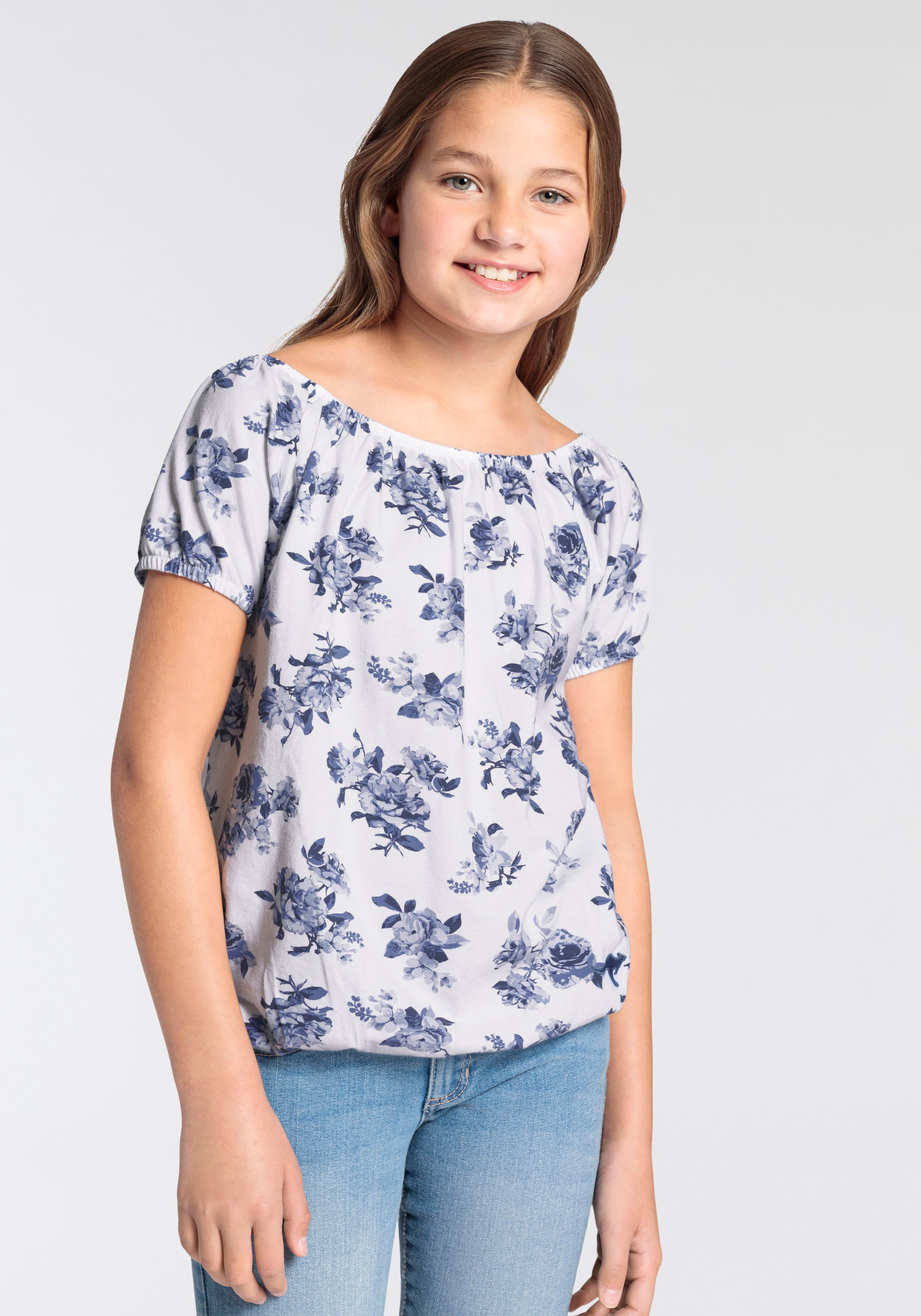 KangaROOS Carmenshirt »Kangaroos Mädchen« Kurzarm,  dynamische Passform,  Allover-Druck,  Carmenausschnitt