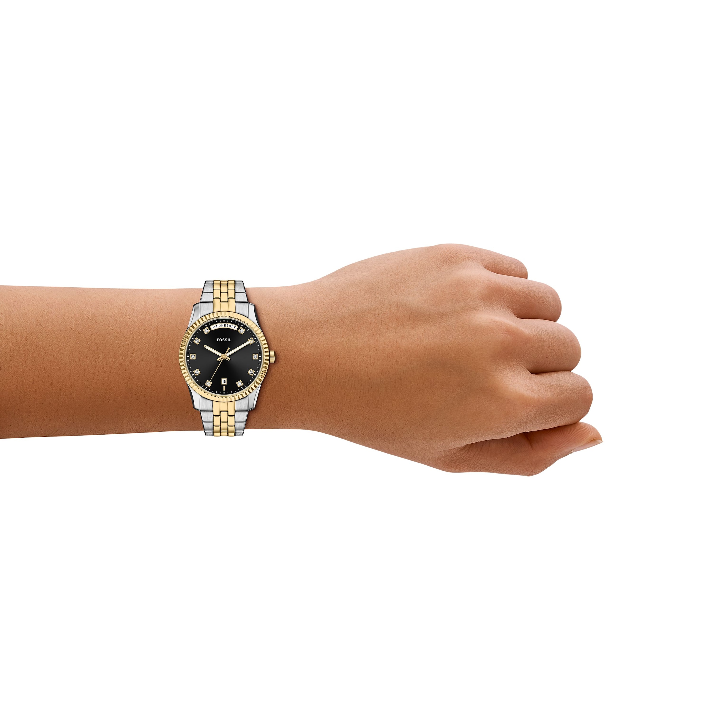 Fossil Quarzuhr »Scarlette« Armbanduhr, Damenuhr, Edelstahlarmband, analog, Tag, Wochentag