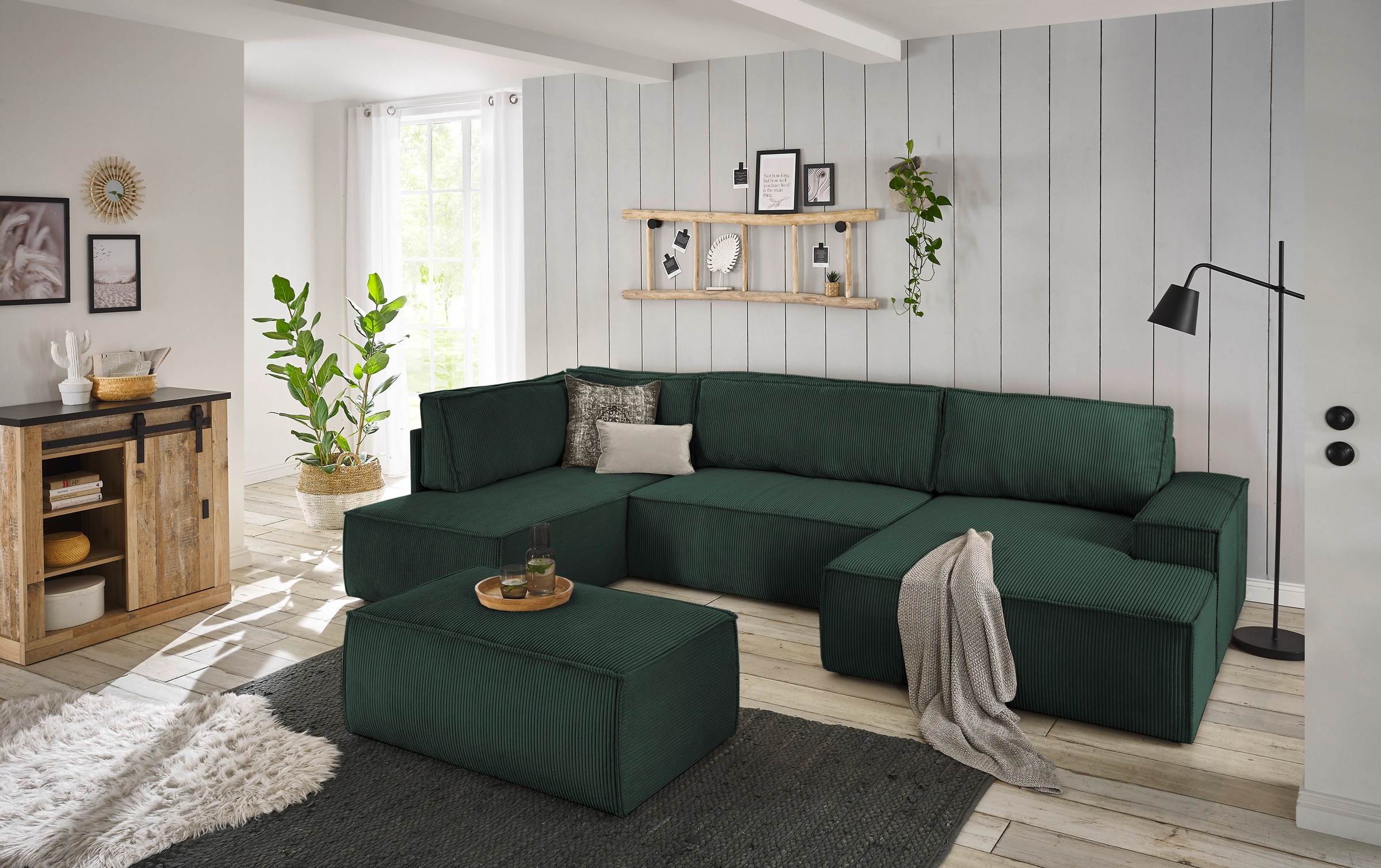 Home affaire Wohnlandschaft »SHERWOOD 329 cm, U-Form, Schlafsofa,«, Schlaffunktion m. Bettkasten (194x139 cm), Cord, Vintage, Samtvelours