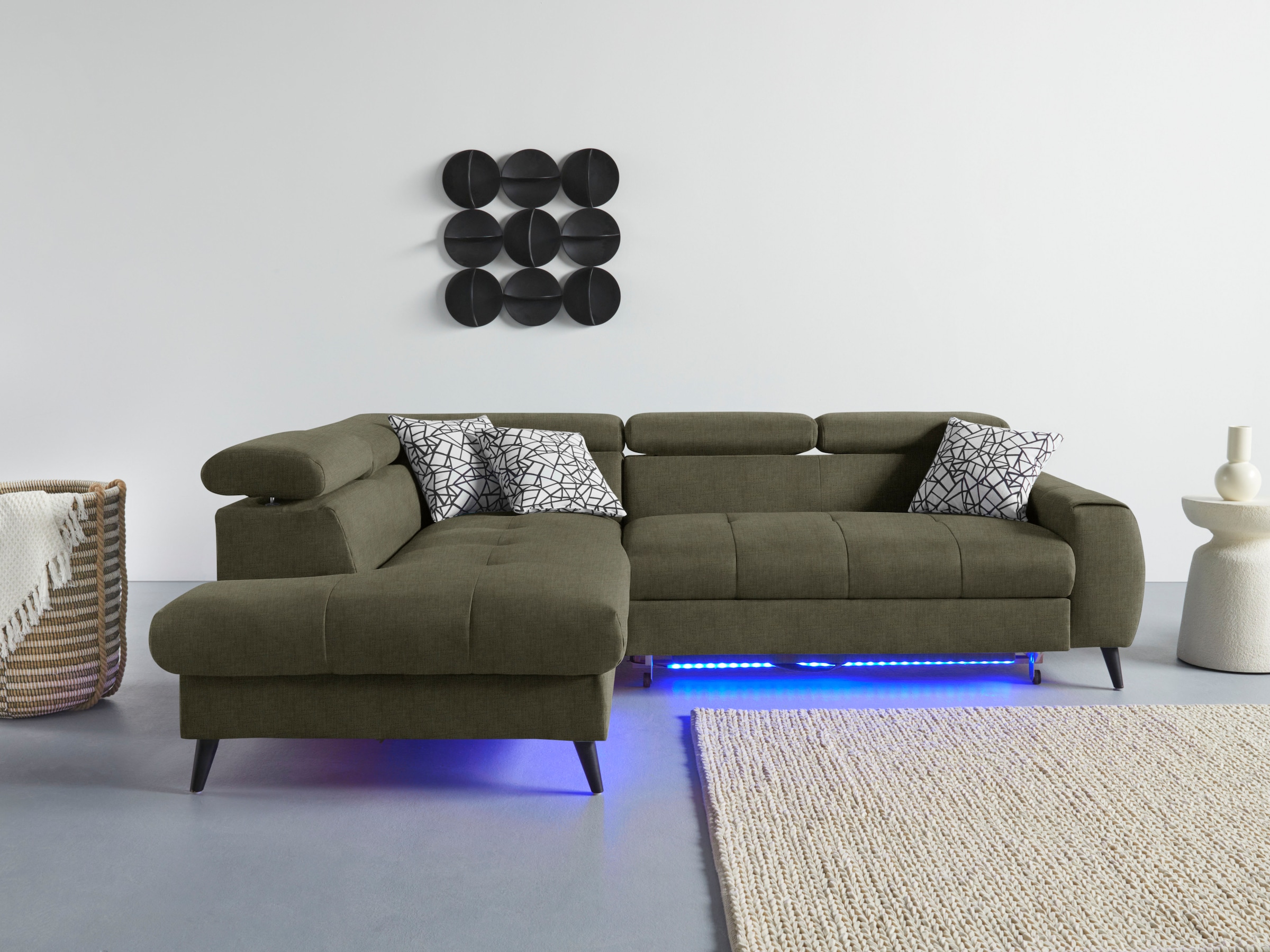 COTTA Ecksofa »Mia L-Form mit 3 Zierkissen«, wahlweise mit Bettfunktion, Bettkasten, Beleuchtung & Wireless-Charger