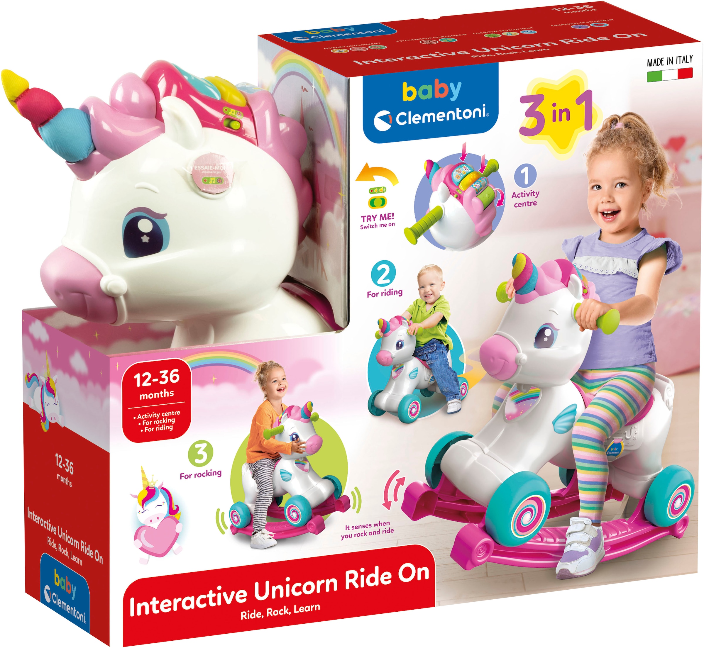 Clementoni® Schaukeltier »Baby Clementoni, 3in1 Schaukel-Einhorn«, mit Sound; Made in Europe