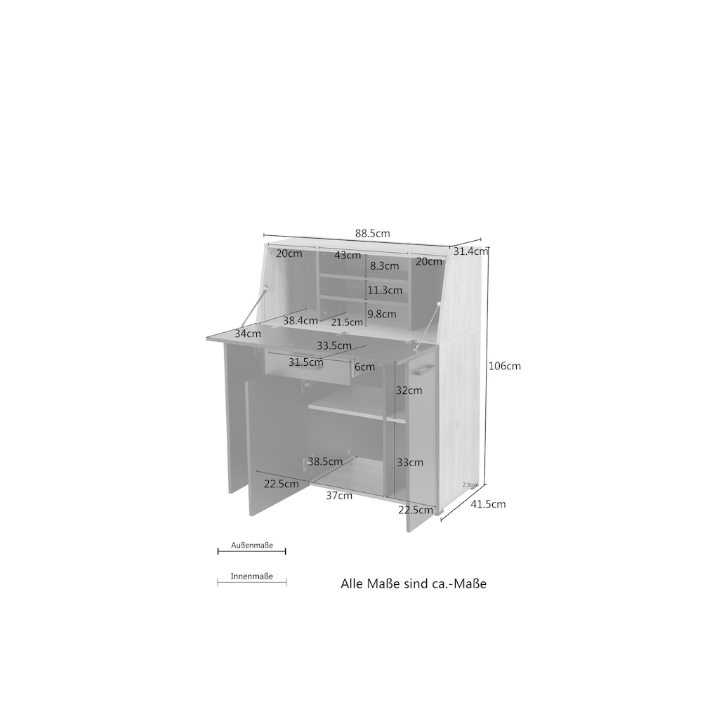 Places of Style Sekretär »Moid, Home-Office-Schreibtisch,«, viele Stauraummöglichkeiten, kompaktes & modernes Design, B. 88,5 cm