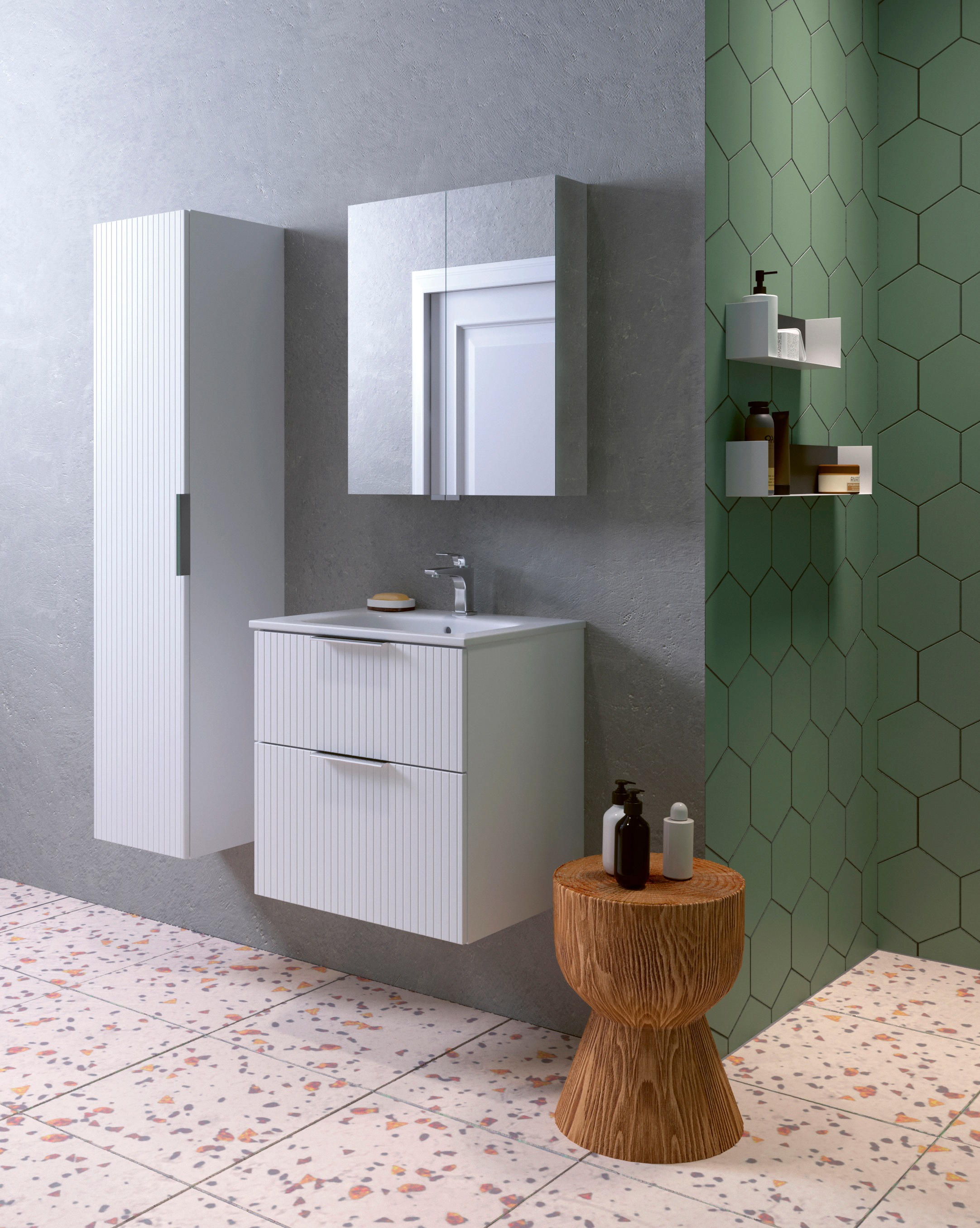 welltime Waschtisch »G-Line«, mit Keramik Waschbecken, Schubladen mit Softclose, trendig geriffelt