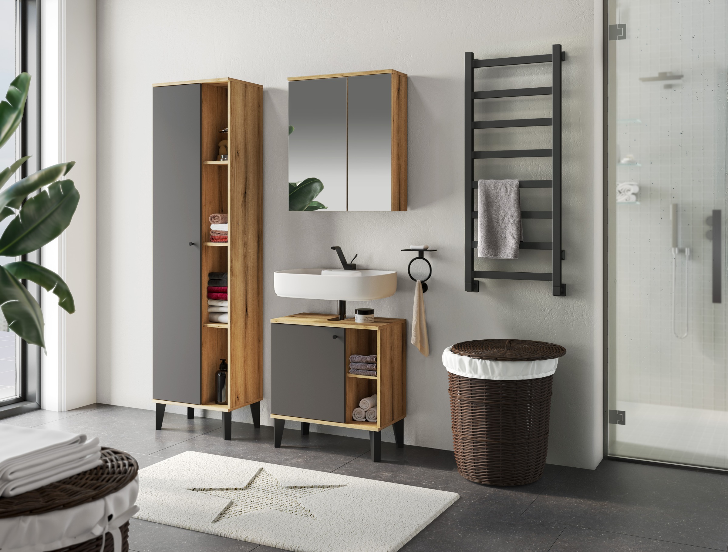 INOSIGN Waschbeckenunterschrank »Oslo, Waschtisch mit Knopfgriff, Badschrank im skandinavischen Design«, in der Türfarbe Weiß oder Grau verfügbar, ausreichend Stauraum
