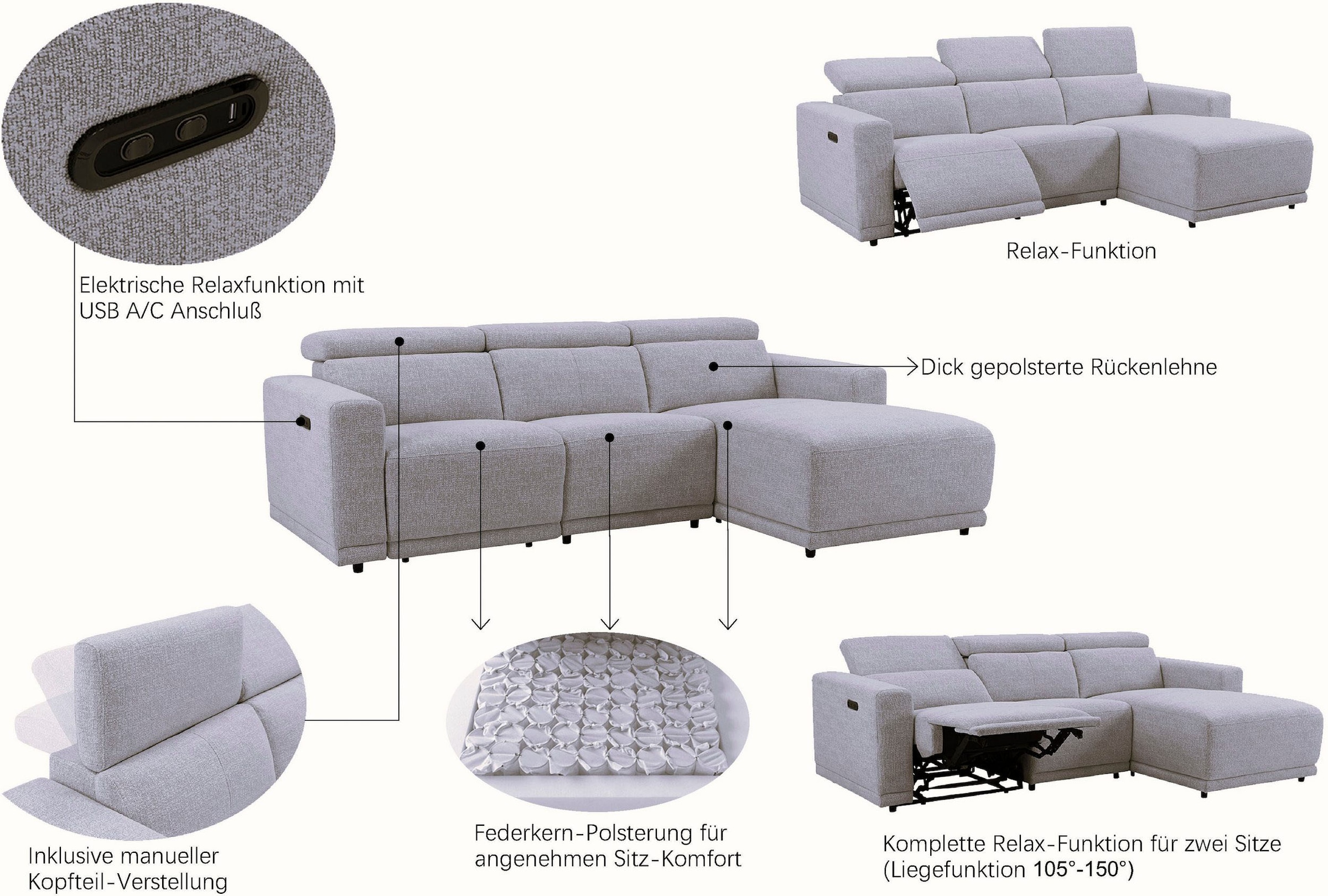 OTTO home Ecksofa »LEOO« mit USB A/C-Anschluss. Federkern, verstellbaren Kopfstützen, Webstoff