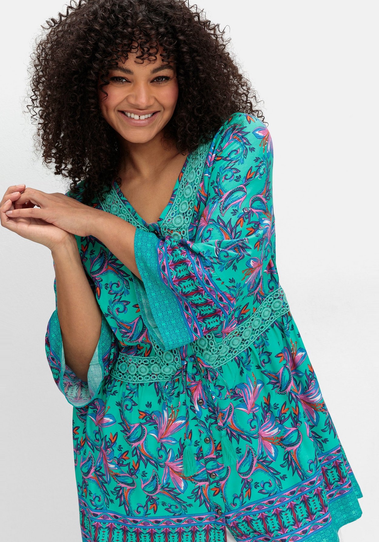 Sheego Longbluse »Longbluse im Boho-Stil, mit Trompetenärmeln«