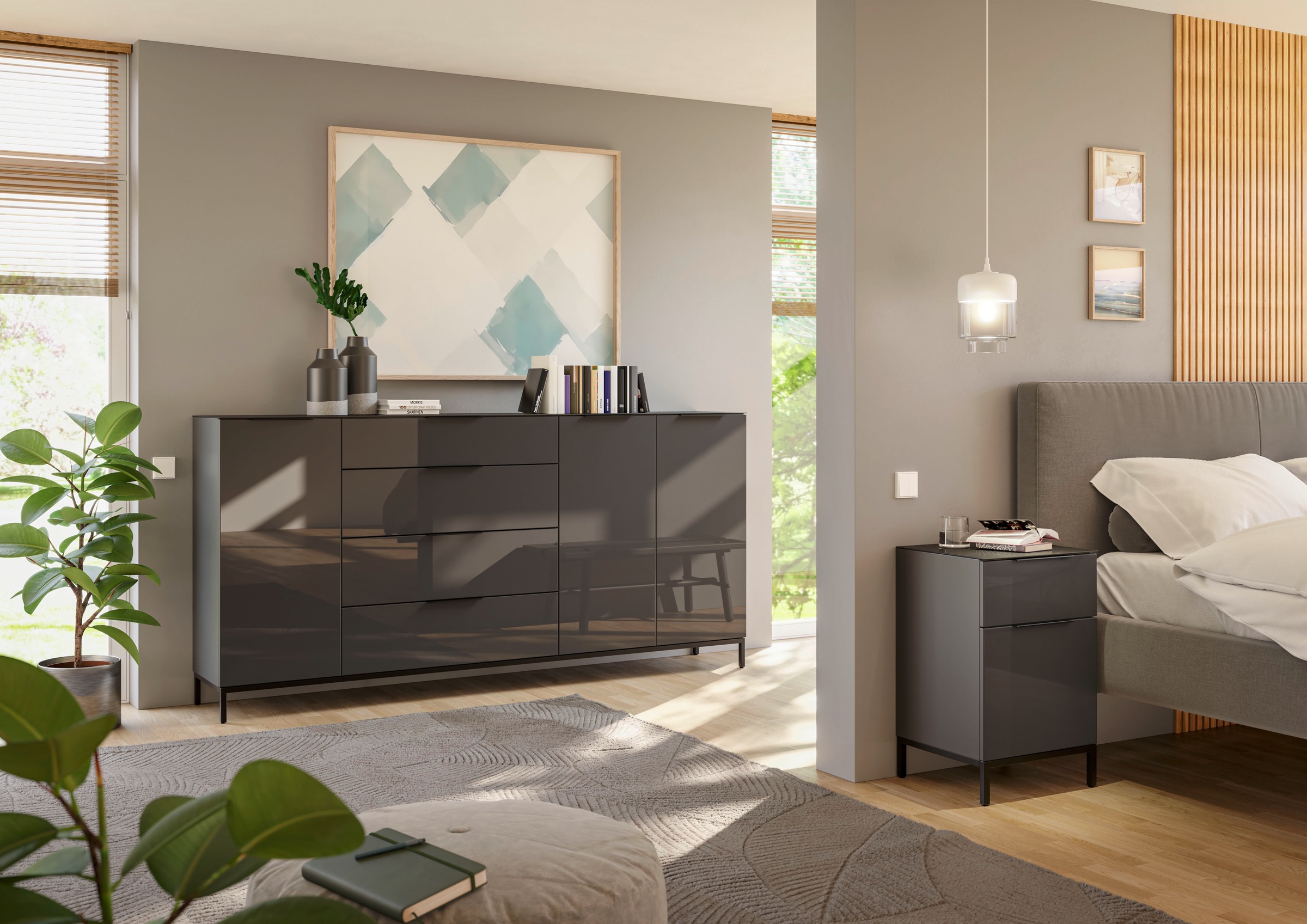 Manjana Möbel Nachtkommode »mit Chrom oder Schwarz matten Metallgriffen« mit Glasfronten, melaminbeschichtete Oberfläche, mit Vollauszug