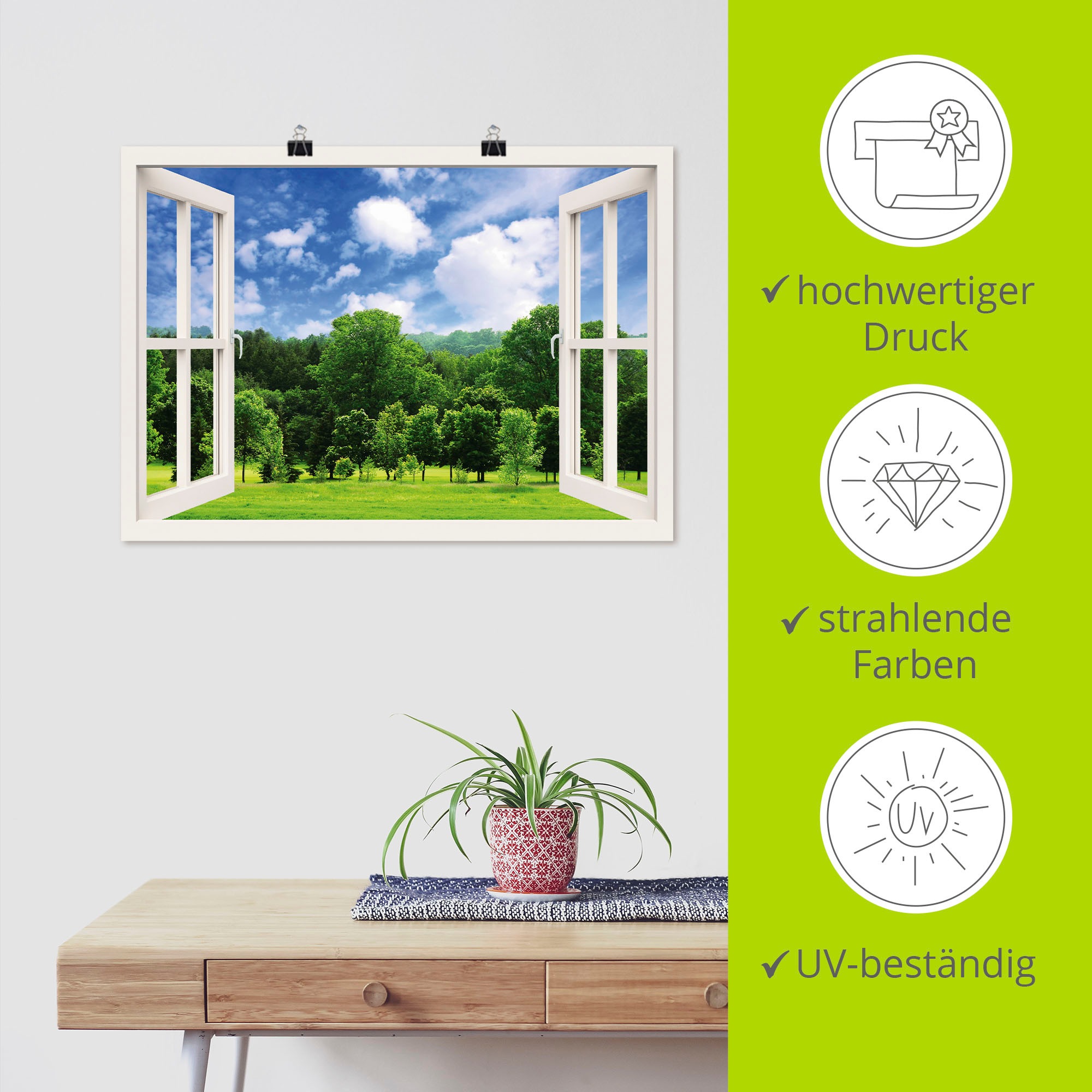 Artland Wandbild »Fensterblick - Grüner Wald«, Fensterblick, (1 St.), als Poster, Wandaufkleber in verschied. Größen