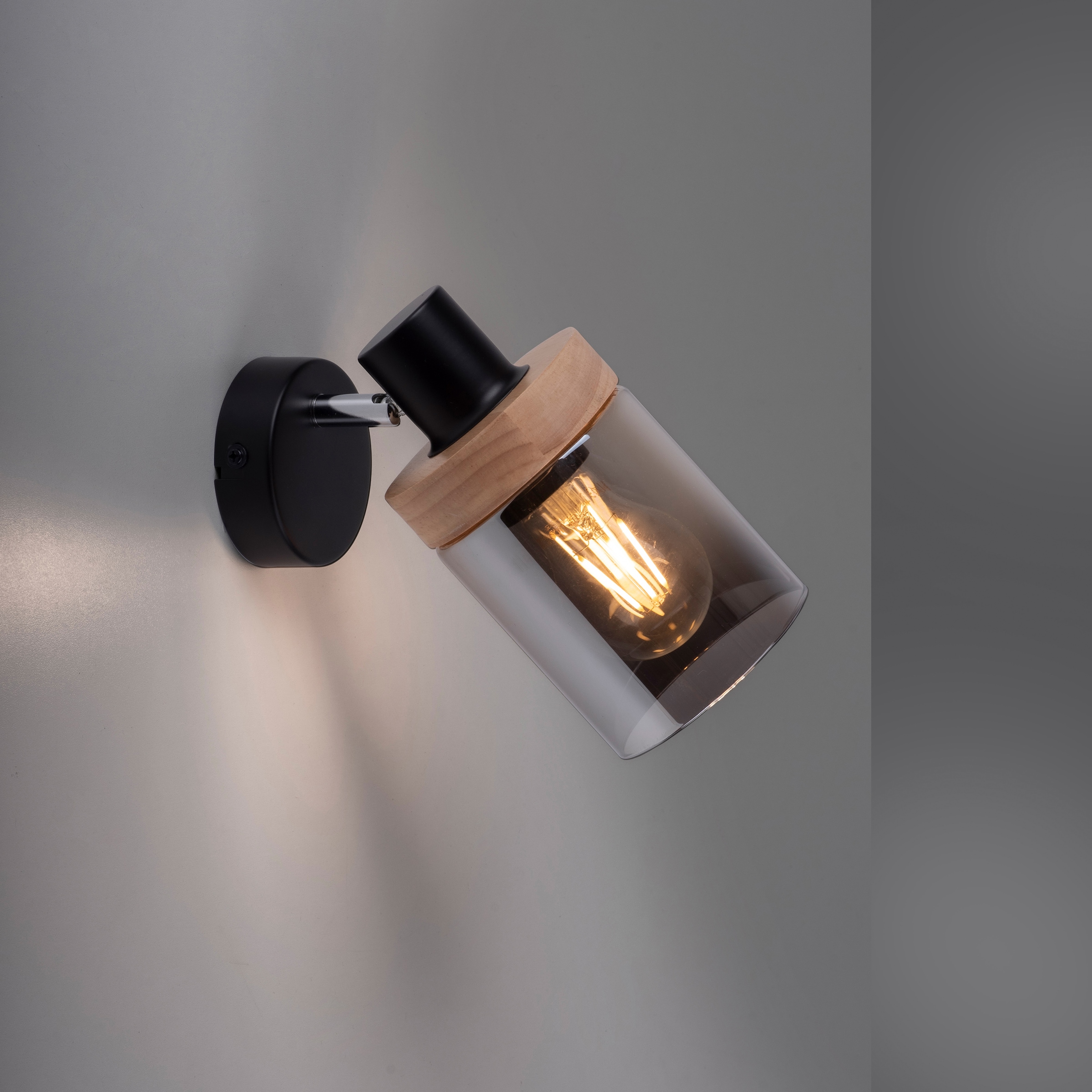 Home affaire Wandleuchte »Tendon«, 1 flammig, Leuchtmittel E27 | ohne Leuchtmittel, Wandlampe, Glas, Holz, Rauchglas, geeignet für Leuchtmittel - E27