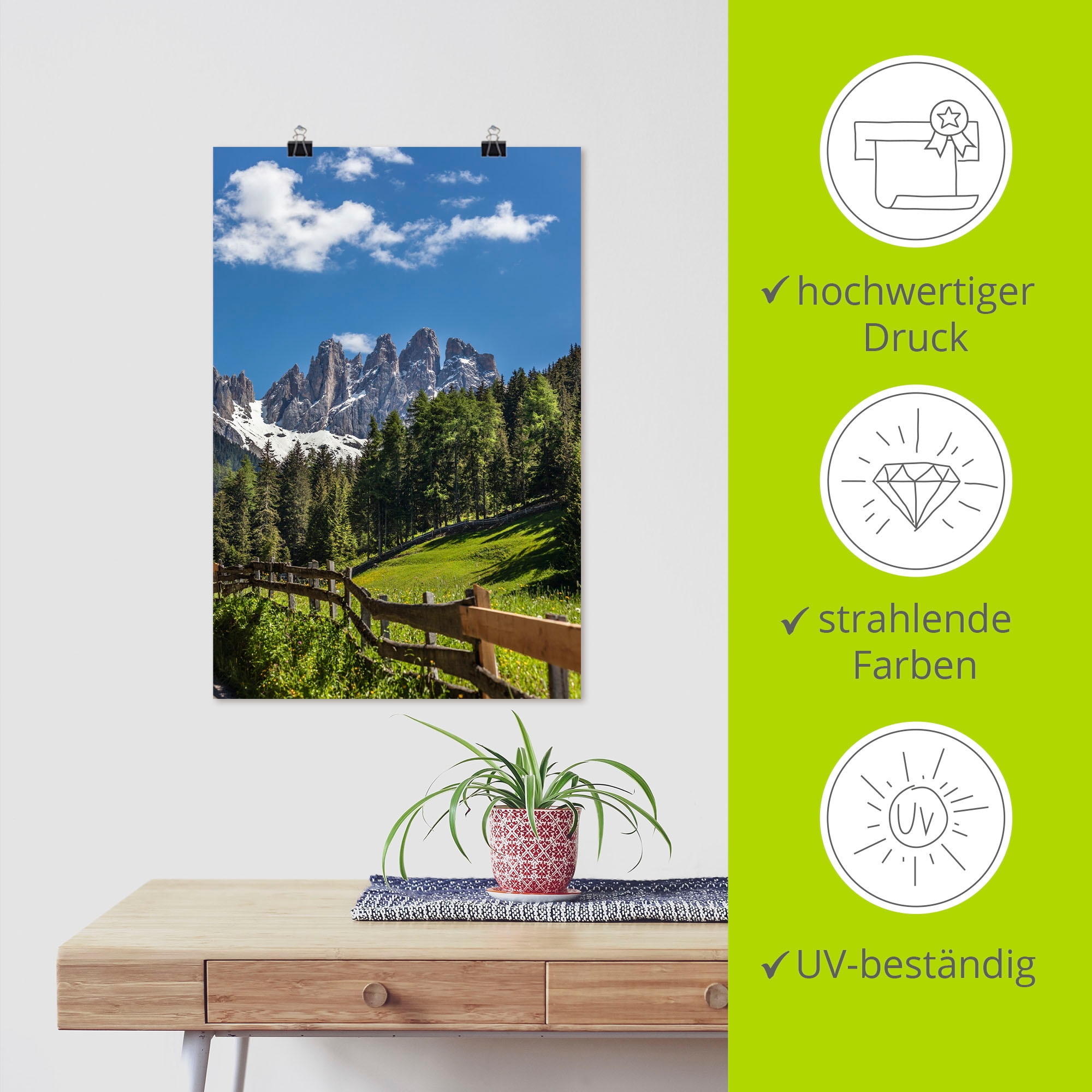 Artland Wandbild »Villnösstal mit Dolomiten, Südtirol«, Berge & Alpenbilder, (1 St.), als Leinwandbild, Poster in verschied. Größen