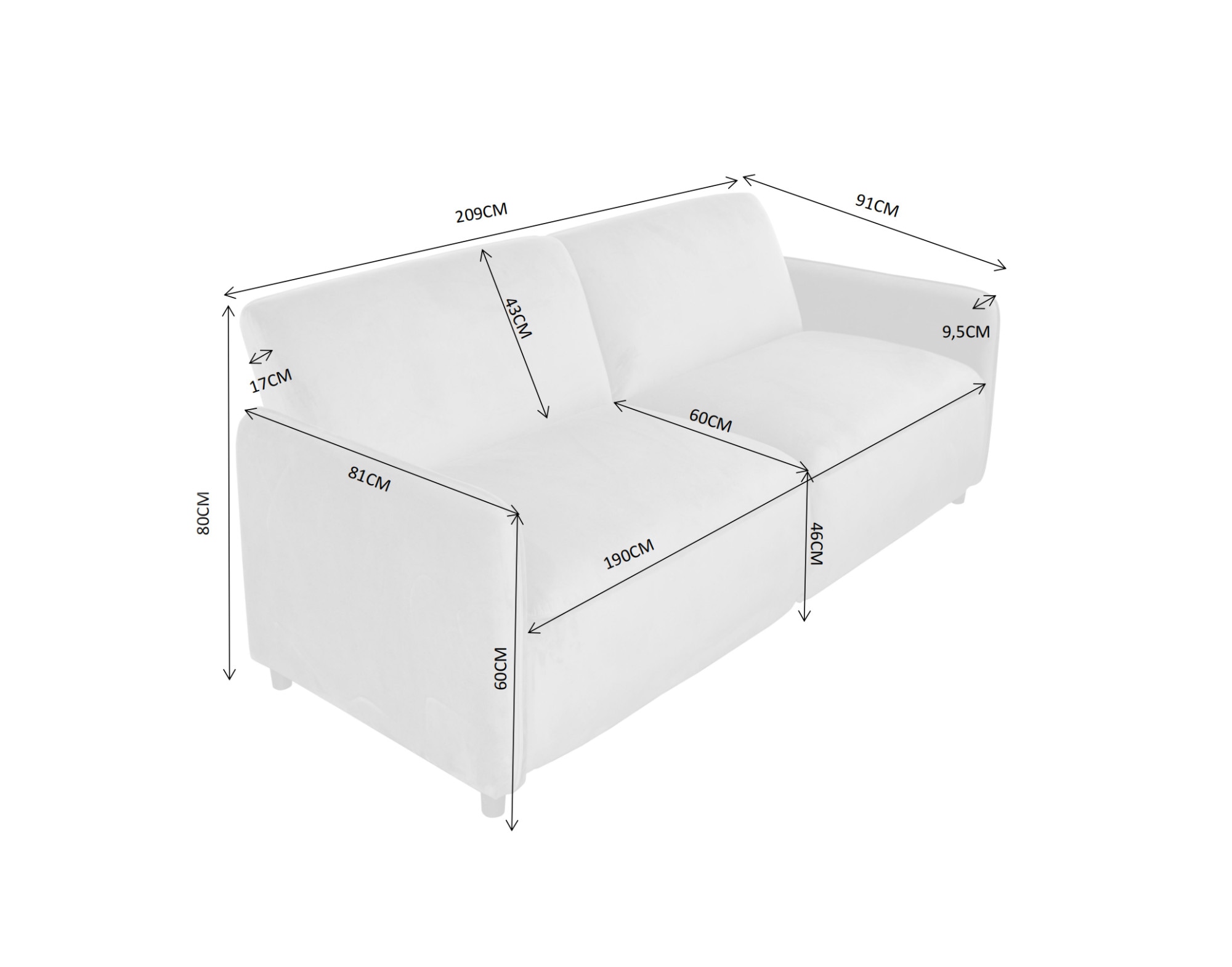 Dorel Home 3-Sitzer »ALICIA Schlafsofa 209 cm«, Federkernpolsterung, verstellbare Rückenlehne, Liegefläche 110/190 cm