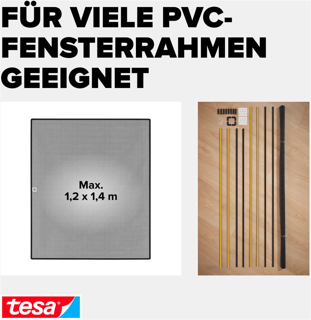 tesa Insektenschutz-Fensterrahmen »Anklips-Rahmen Fliegengitter für Fenster, Anthrazit (Durchsichtig)« Packung, inkl. Fiberglas-Netz in Anthrazit, Rahmen und Halteklip-Lösung, 1 Stk. tlg. INSECT STOP Netz aus Fiberglas, selbstklebende Halte-Klips
