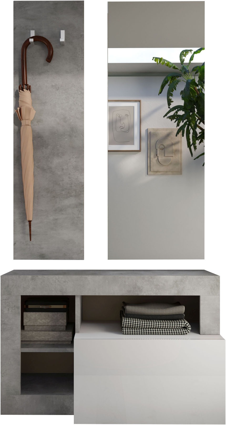 INOSIGN Garderoben-Set »Hamburg«, (3 St., bestehend aus Garderobenbank, Garderobenpaneel, Spiegel), Beton Optik