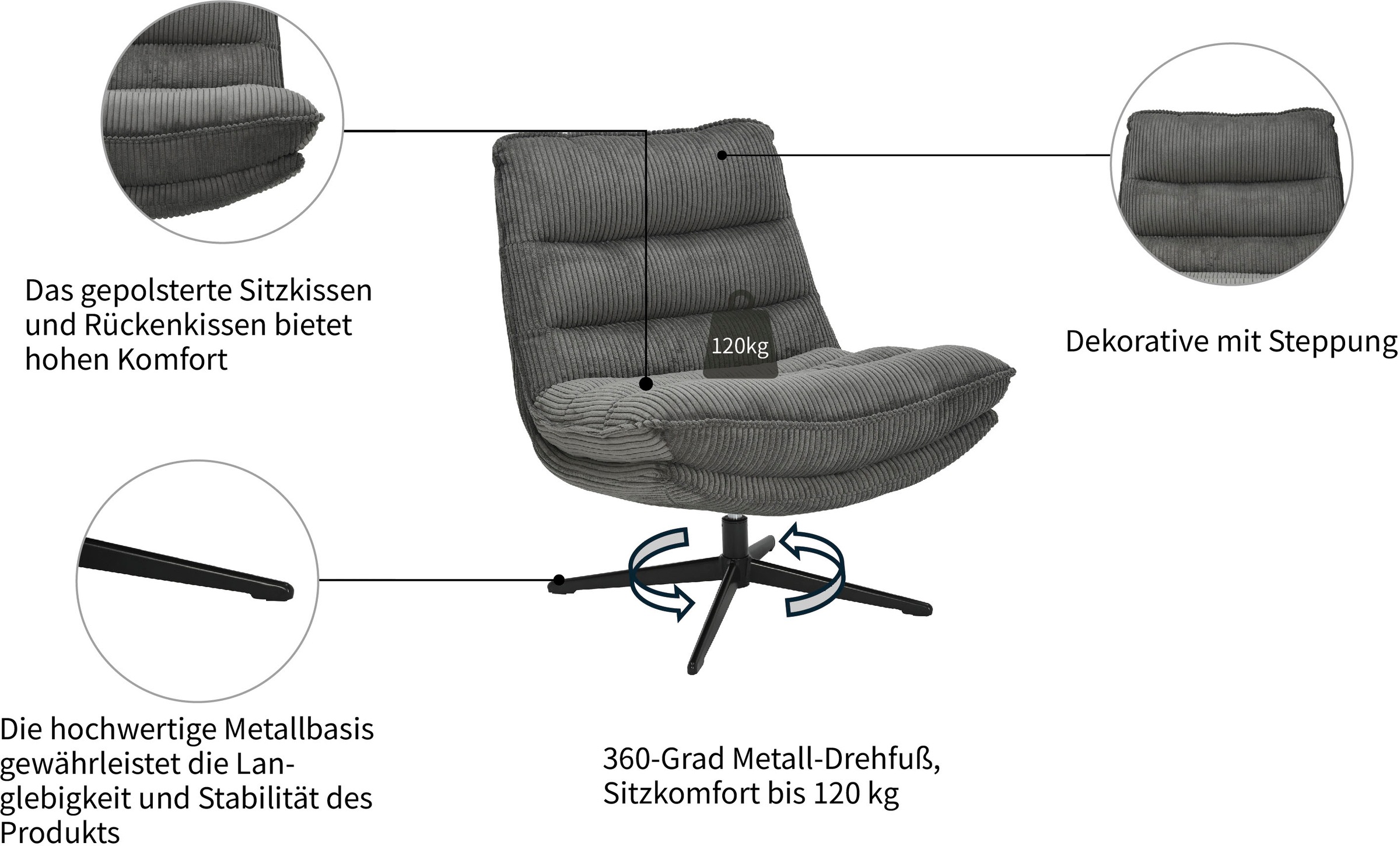 OTTO home Sessel »AVAA, Loungesessel im softem Cord-Bezug,« 360° Grad drehbar, Relax- und TV-Sessel