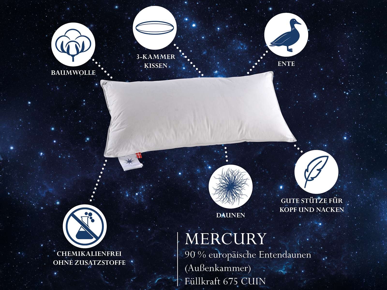 Universe of sleeping 3-Kammer-Kopfkissen »Mercury 3-Kammer Kopfkissen, 90% Daunenfüllung, natürliche Materialien«, Füllung: 90% Entendaunen/10% Federn im AuÎ²enkammer, (1 St.), Hochwertige Kissen, 40x80 cm. in Medium Höhe, Made in Denmark