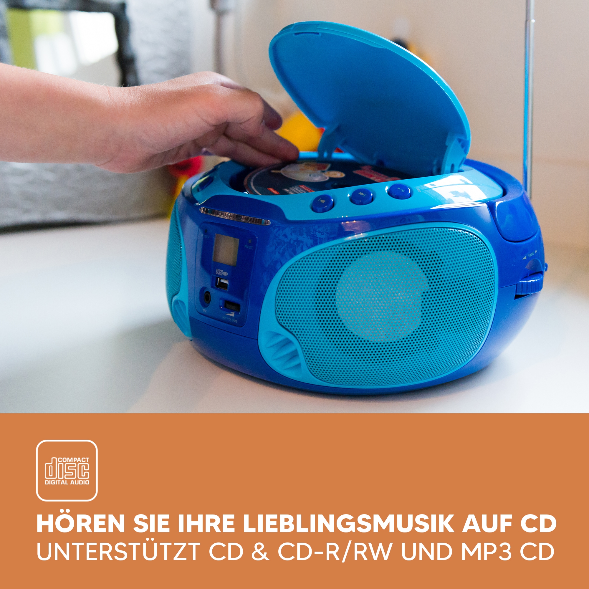 Lenco Boombox »SCD-650« ( AM-Tuner | FM-Tuner ) speziell für Kinder, USB-Anschluss, Karaoke-Mikrofon und Lichteffekte