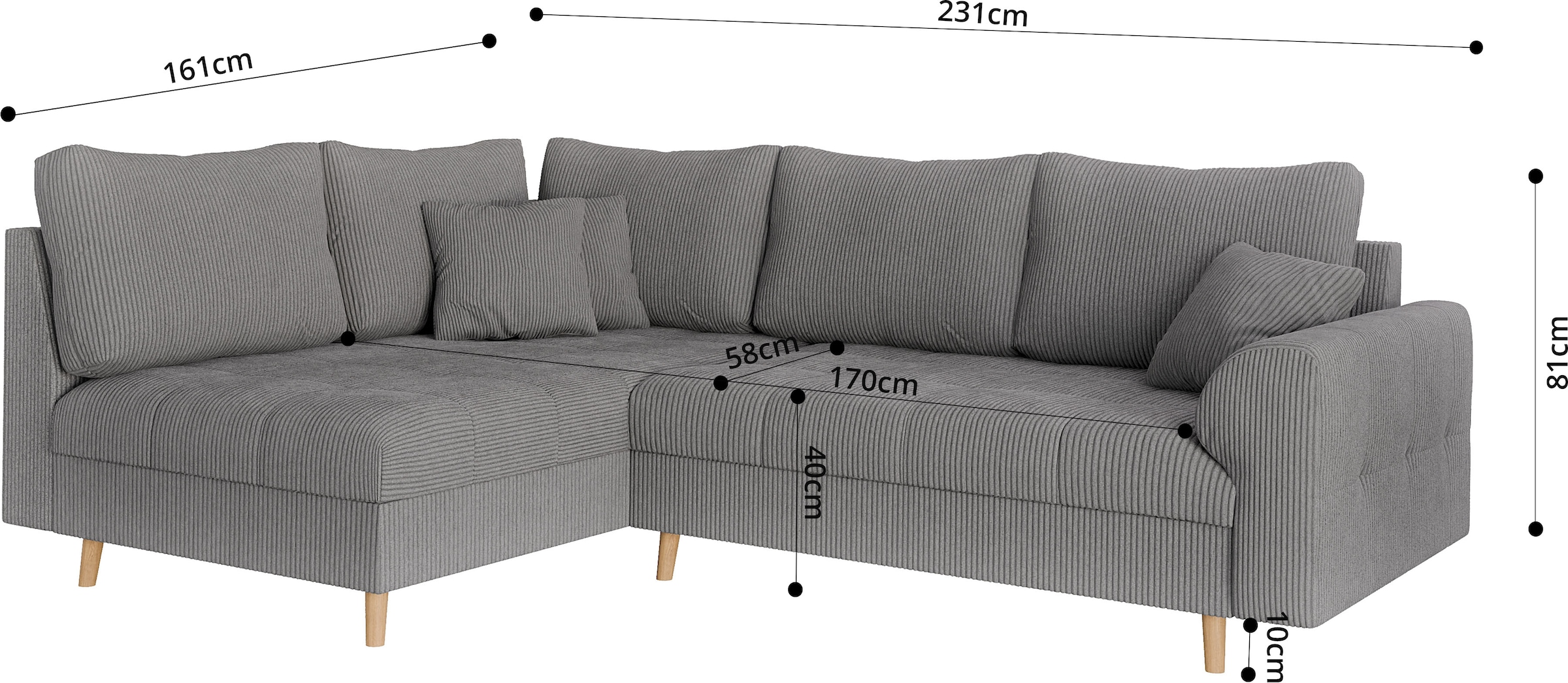 Home affaire Ecksofa »CHARRE L-Form mit Ottomane, Maße B/T/H: 231/161/81 cm«, feine Steppung, lose Rücken- und Zierkissen, auch in Cord und Bouclé