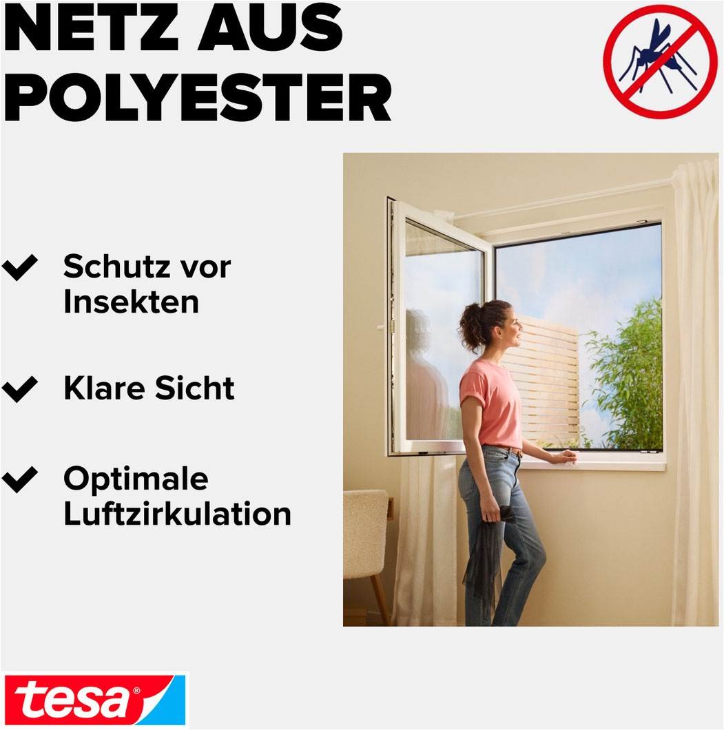 tesa Fliegengitter-Gewebe »Klett Fliegengitter Premium für Fenster, Insektenschutz mit Klettband« Packung, Fliegennetz, Klettband, Andrück und Schneidehilfe, 1 Stk. tlg. selbstklebende Insektenschutz - 100 cm x 100 cm