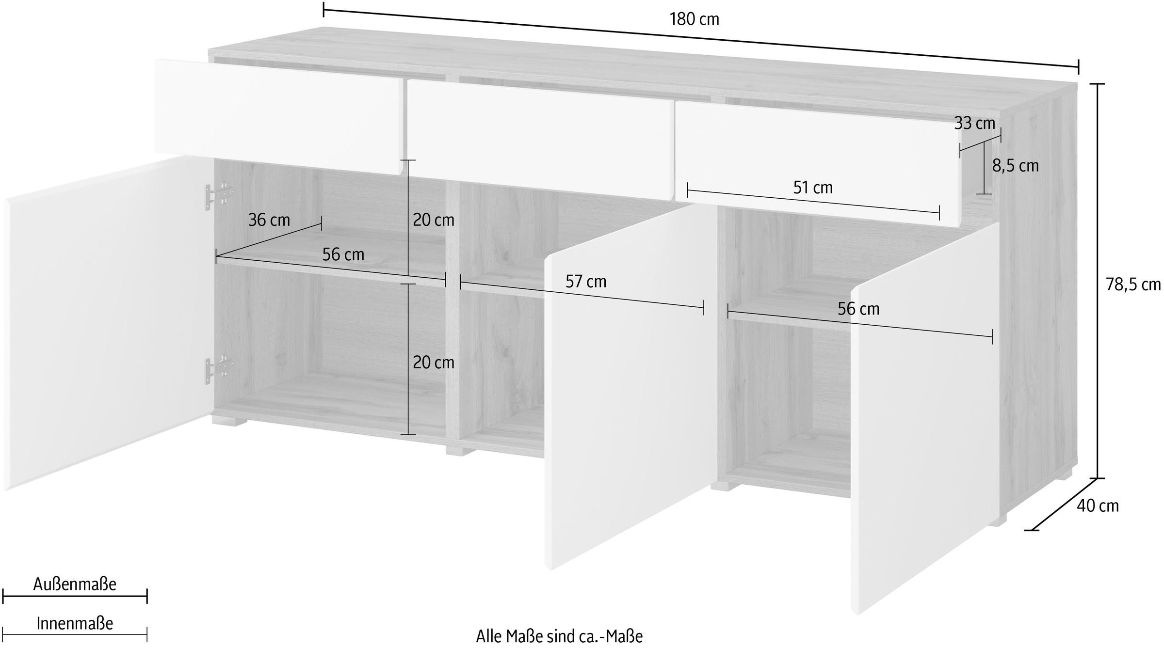 INOSIGN Kommode »Cross,Breite 180 cm, moderne grifflose Kommode,3 Türen/3 Schubkästen«, Schubladenschrank mit viel Stauraum, Einlegeböden verstellbar
