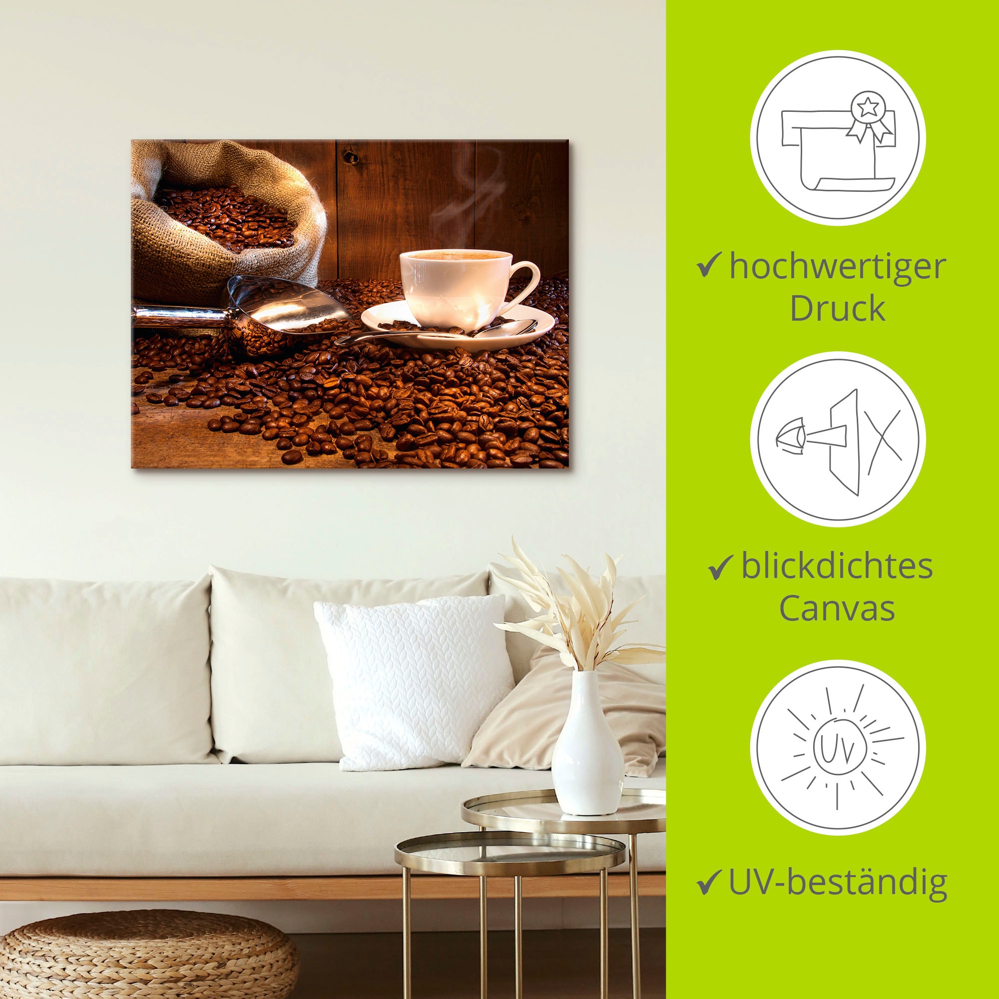 Artland Leinwandbild »Kaffeetasse und Leinensack auf Tisch« Getränke 1 Stk. tlg. auf Holzrahmen gespannt