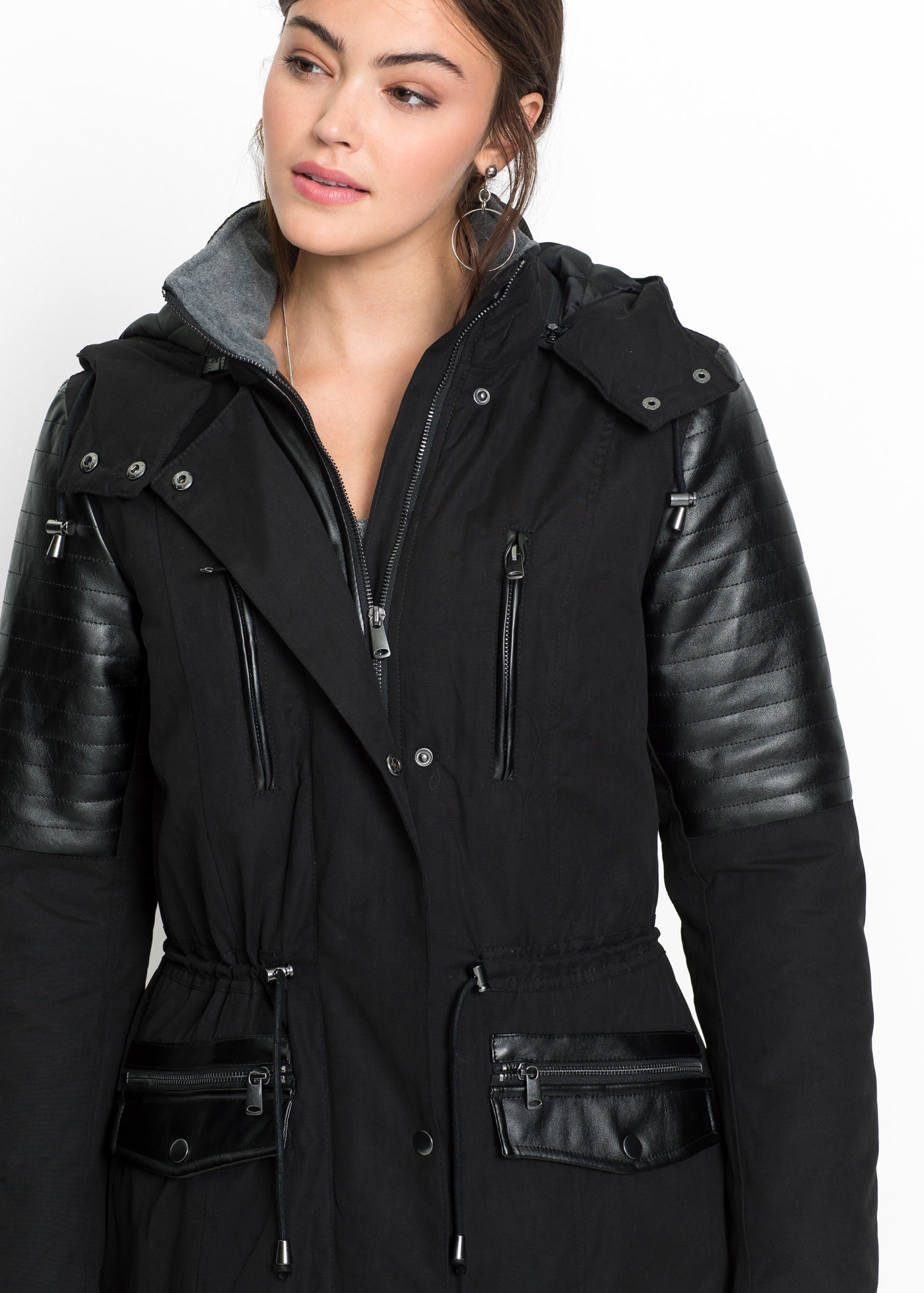 bonprix Langjacke mit Kapuze lockerer loose fit, mit großer abnehmbarer Kapuze, hoher Stehkragen