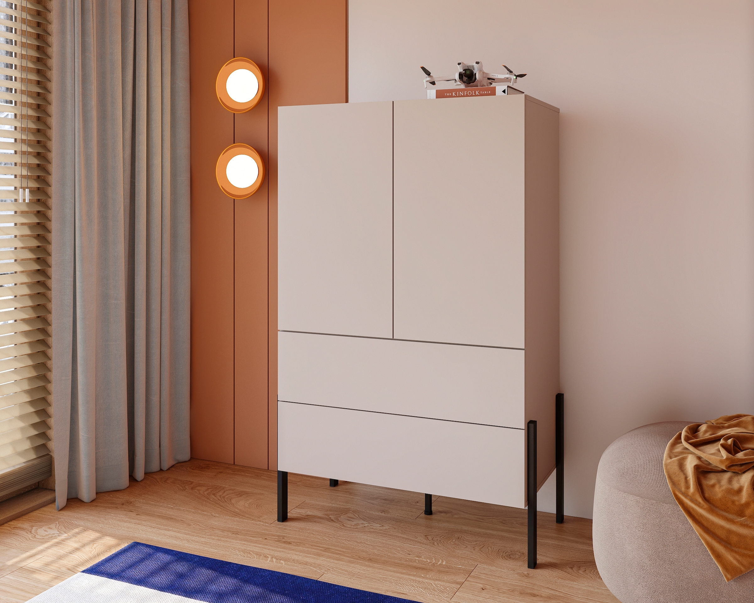 Home affaire Wäscheschrank »Jukon, moderner griffloser Kleiderschrank, Metallfüsse, Made in Europe«, (90x150x50, ideal für kleine Räume oder Nischen), Mehrzweckschrank,2 Schubladen, 2 Türen, FSC-zertifiziert