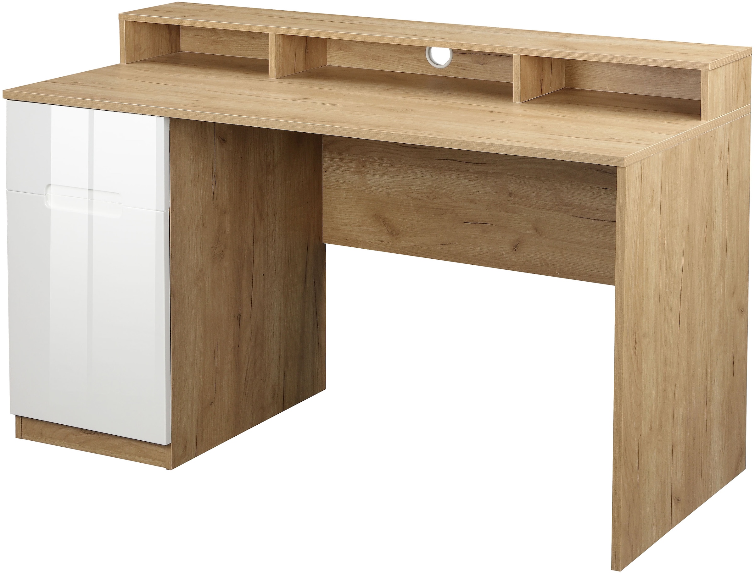 OTTO home Schreibtisch "Lund" Computertisch mit Kabeldurchlass & Schublade, Monitoraufsatz, Hochglanzfronten, Breite 140 cm