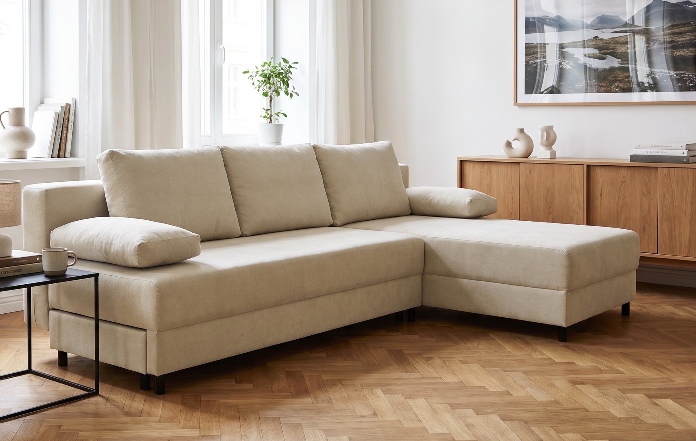 OTTO home Schlafsofa »ONNIKO Ecksofa L-Form, Breite: 240 cm, Feinstruktur-Bezug« mit Bettfunktion & Bettkasten (Liegefläche 120 cm / 240 cm)