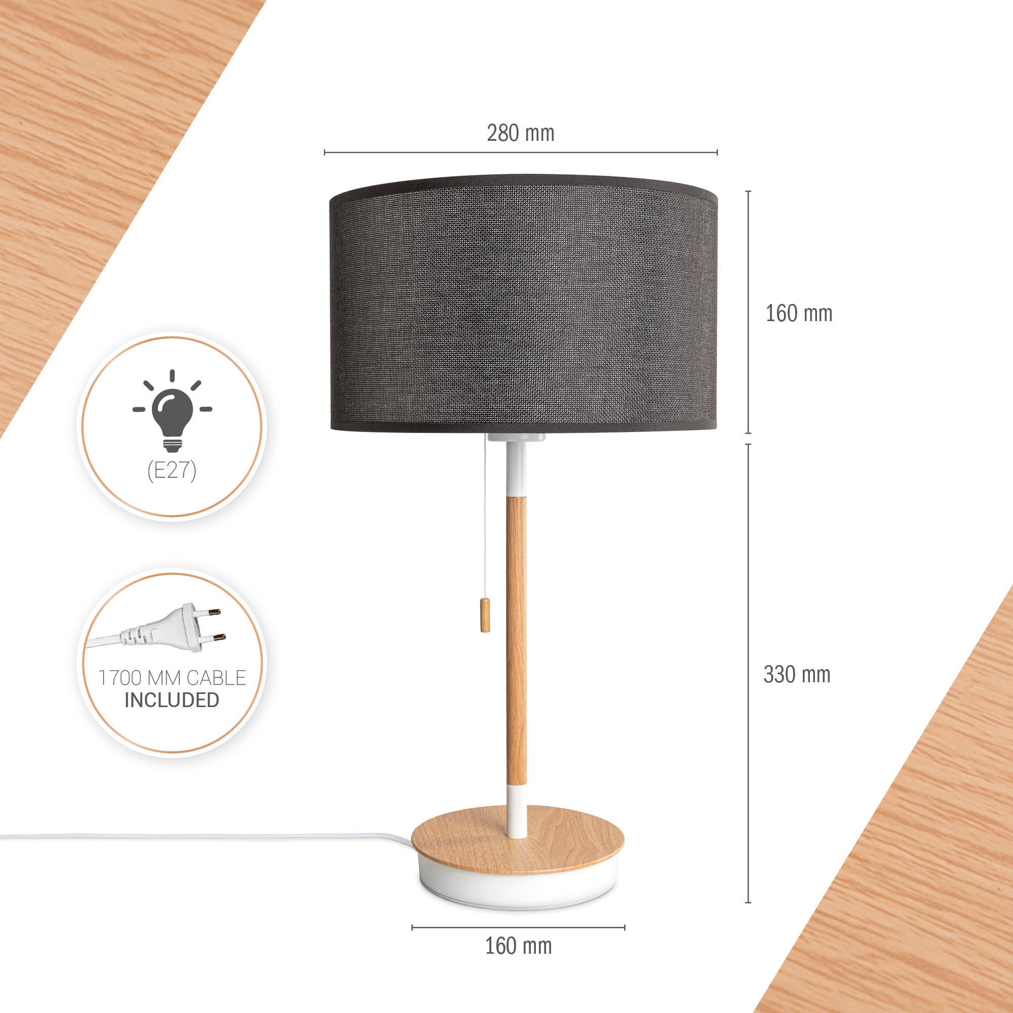 Paco Home Tischleuchte »EK CA UNI COLOR«, Leuchtmittel E27 | ohne Leuchtmittel, Nacht Mit Schalter Stofflampe Vintage Skandinavisch