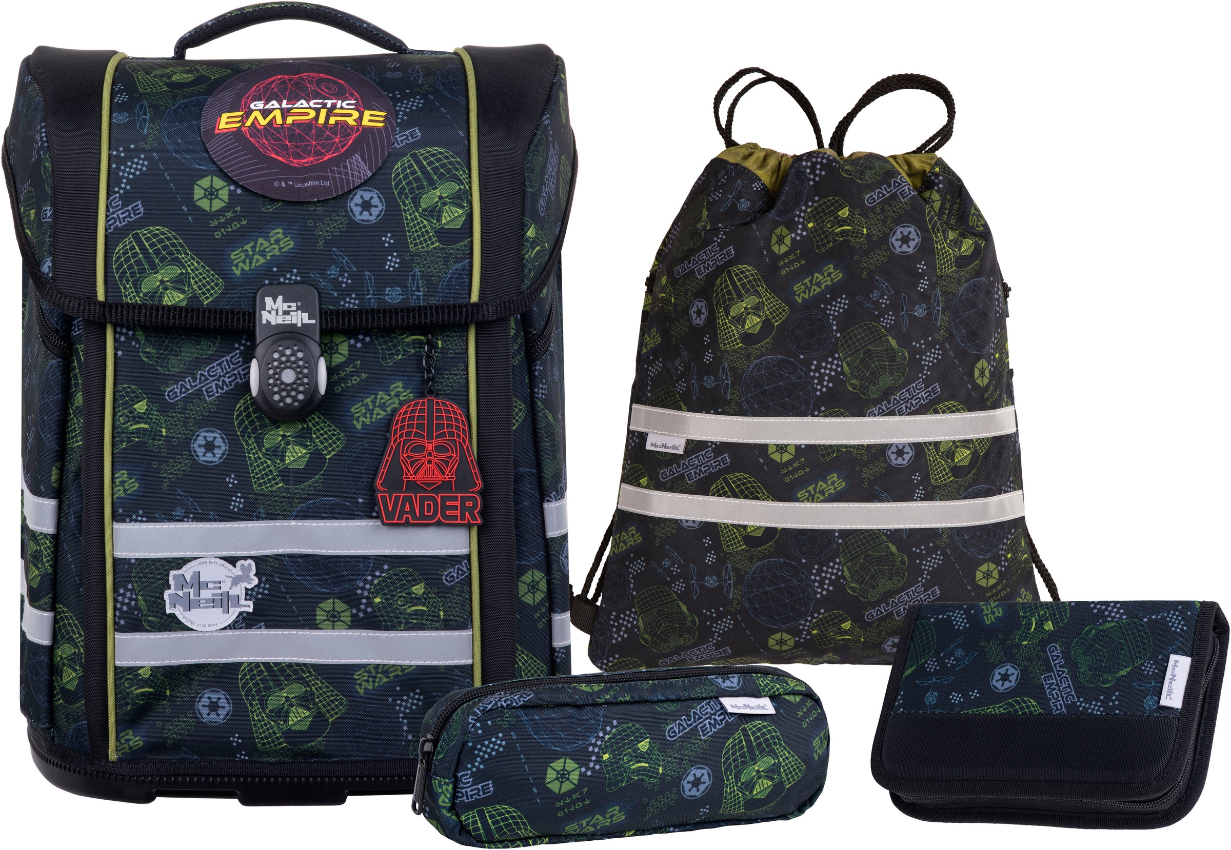 McNeill Schulranzen »Perfecto, Star Wars II« reflektierende Streifen auf den Schultergurten;retroreflektierende Flächen inkl. Federmäppchen, Turnbeutel, Schlamperrolle & Motivmagnet