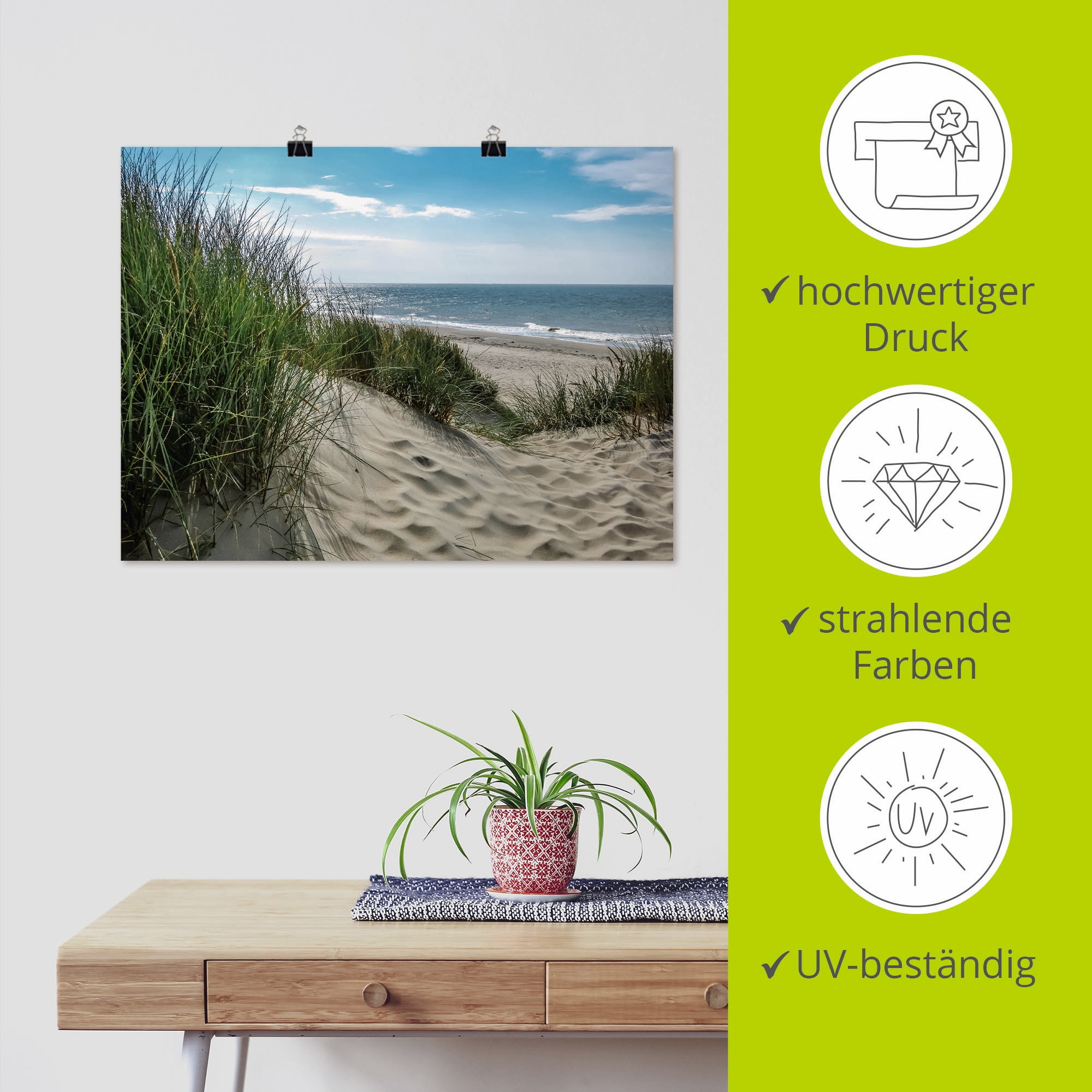 Artland Wandbild »Dünenlandschaft im Sommer an der Nordsee«, Strand, (1 St.), als Alubild, Outdoorbild, Leinwandbild, Poster, Wandaufkleber