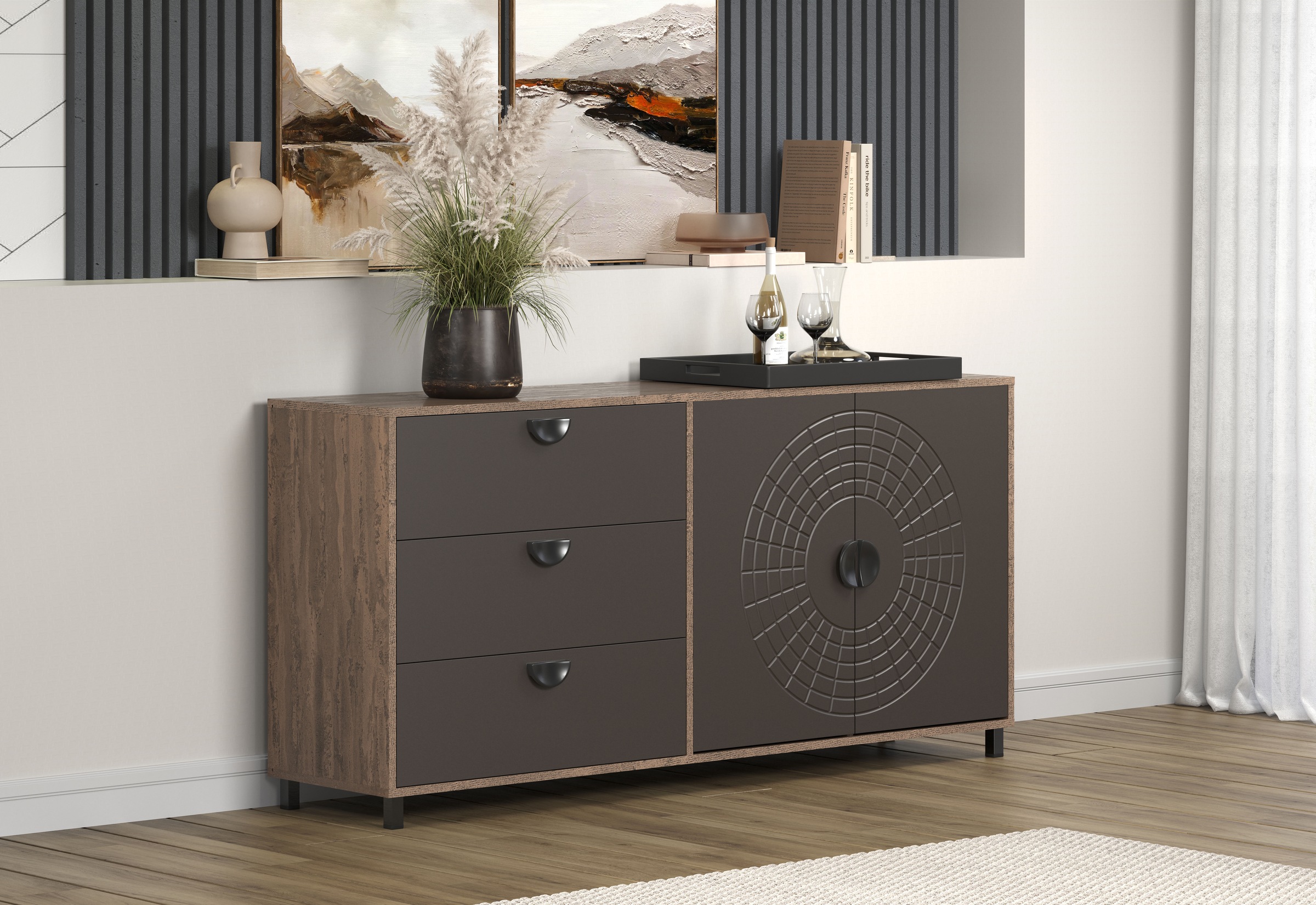 INOSIGN Sideboard »Fusion«, (1 St.), Kommode mit markantem Kreismuster - Antikoptik - (B/T/H) 176/42/86 cm