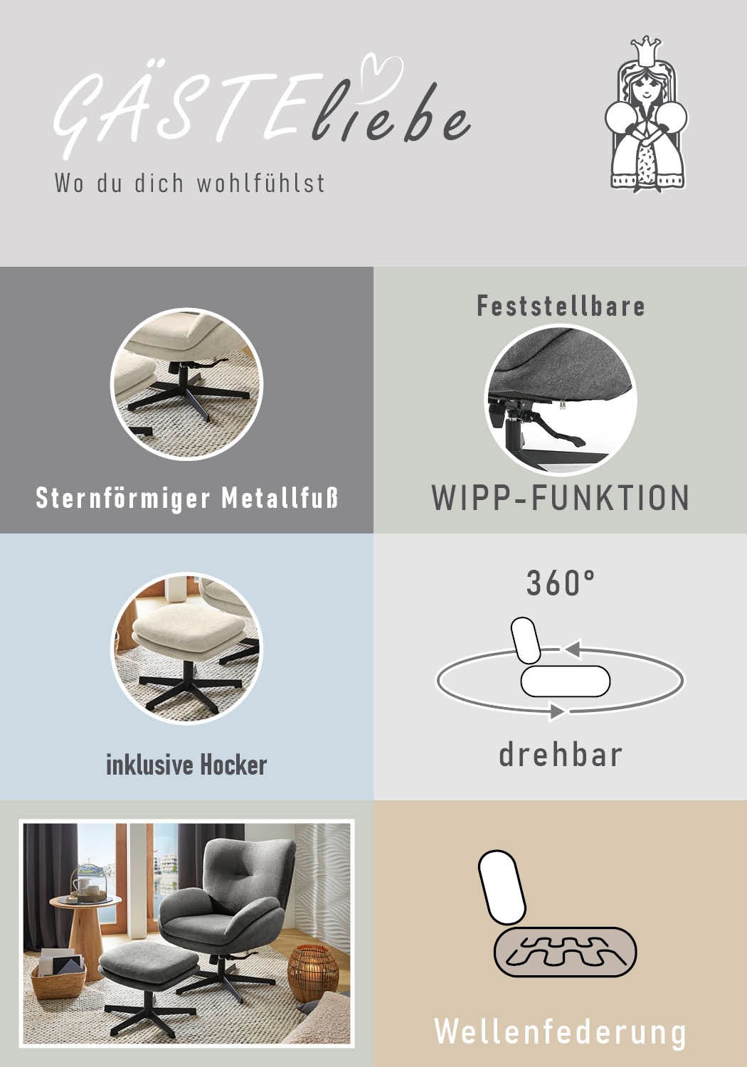 Jockenhöfer Gruppe Relaxsessel »Hawaii, B: 76 cm, Sitzhöhe: 48 cm« Set: mit Hocker, 360° Drehfunktion, feststellbare Wipp-Funktion