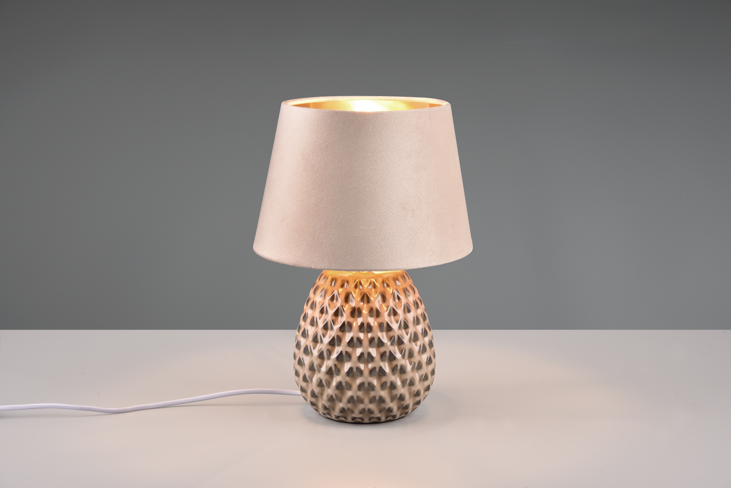 REALITY Leuchten Schreibtischlampe »ARIANA Tischleuchte exkl 1xE27 max60W Höhe 35cm Ø 24cm Nachttischlampe«, 1 flammig, Leuchtmittel E27 | Leuchtmittel wechselbar, Struktur Keramik Samt Schirm innen gold,Tischlampe mit Schnurschalter