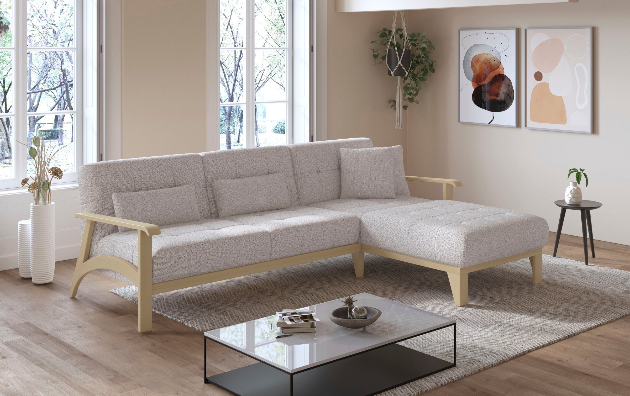 sit&more Ecksofa »Billund L-Form«, Armlehnen aus Buchenholz in natur, verschiedene Bezüge und Farben
