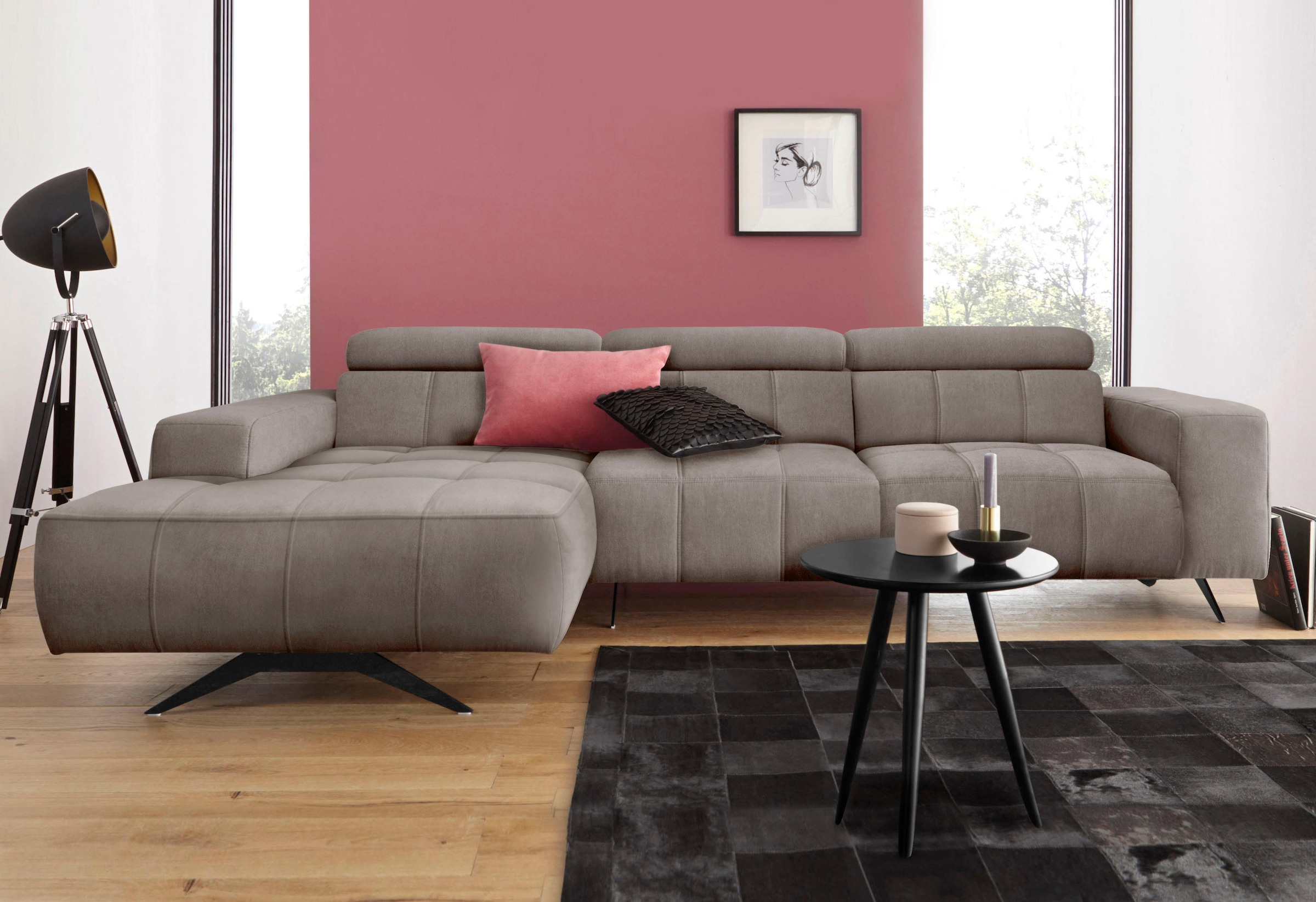 DOMO collection Ecksofa »Trento L-Form, mit Kufenfuß oder Einzelfuß«, wahlweise mit Kopfteilverstellung, Recamiere links/rechts bestellbar