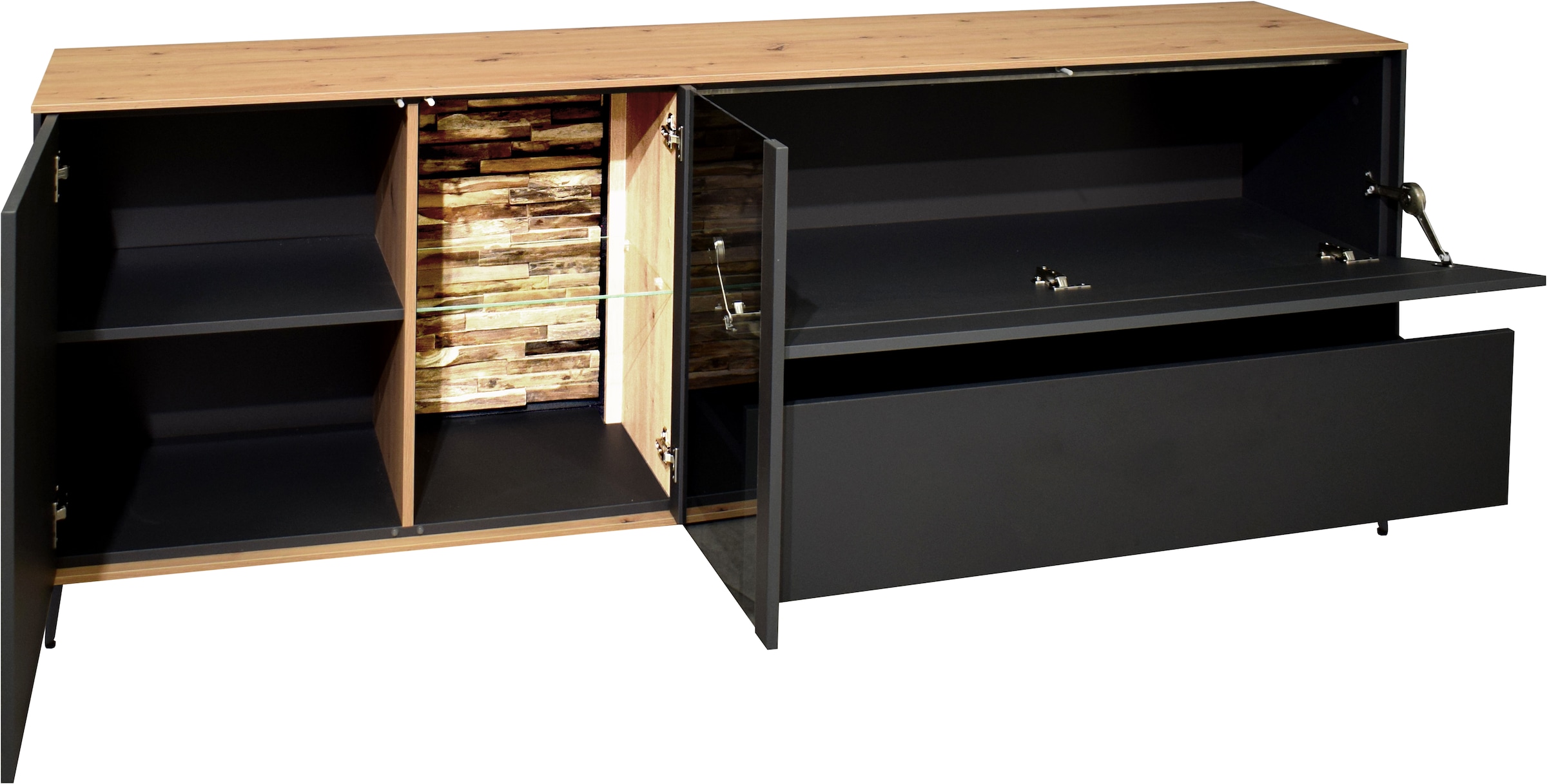 Mäusbacher Lowboard Faro Lowboard B 207 cm, inkl. Beleuchtung, Push to open, Metallfüße