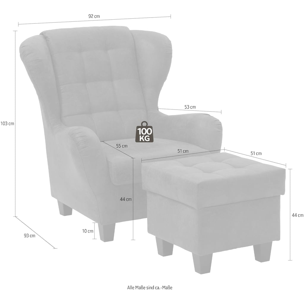 Home affaire Ohrensessel »Alexander«, incl. Hocker, mit Steppung, in vielen Farben