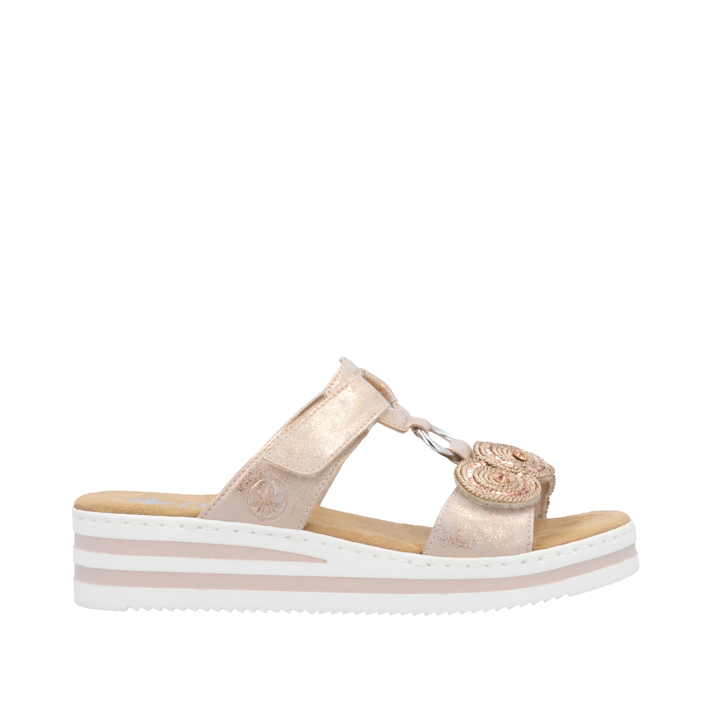 Rieker Keilpantolette  Sommerschuh, Urlaubsschuh mit Glitzersteine, Metallic-Optik