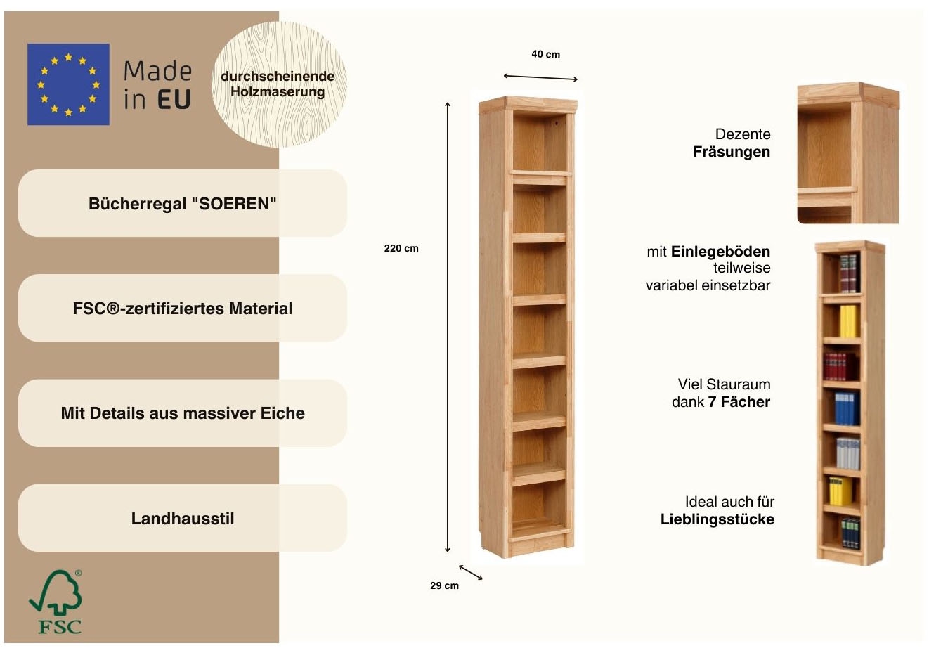 OTTO home Bücherregal »Soeren mit Eiche-Elementen Regal B/T/H: 40/29/220 cm« aus teilmassiver Eiche,  FSC®-zertifiziert