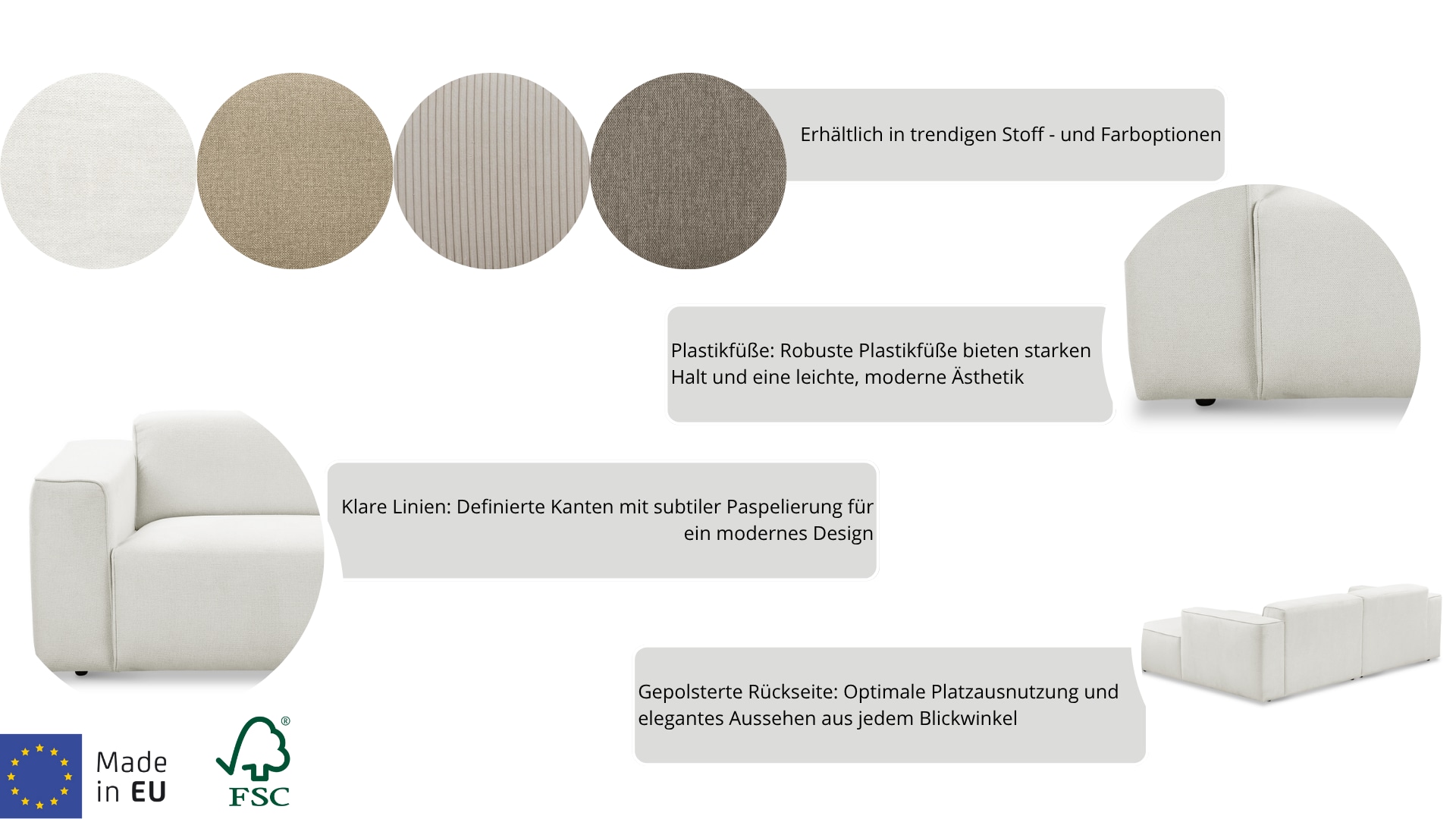 andas Ecksofa »Noord mit Kedernaht, Breite 234 cm«, Cord, Struktur, Webstoff, mit Wellenunterfederung, Massivholzrahmen