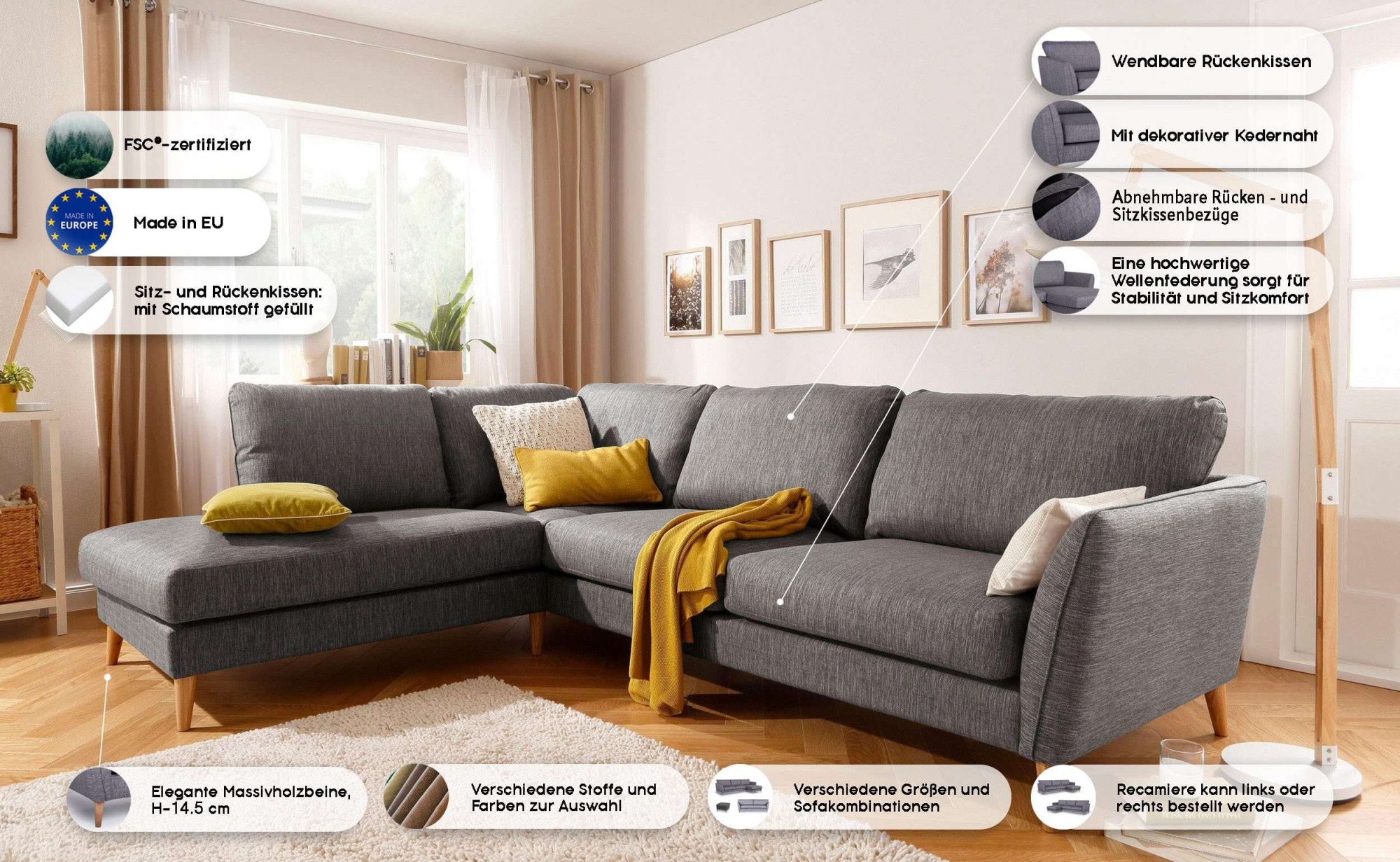 Home affaire Ecksofa »MARSEILLE 278/202 cm, L-Form, Ottom. rechts/links, verschiedene Bezüge«, Massivholzbeine Eiche, Landhausstil, Wellenunterfederung