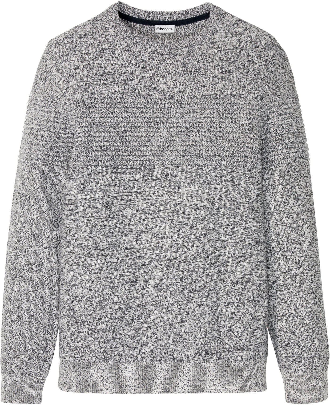 bonprix Strickpullover aus Baumwolle, ohne Kragen, Regular Fit, melierte Optik